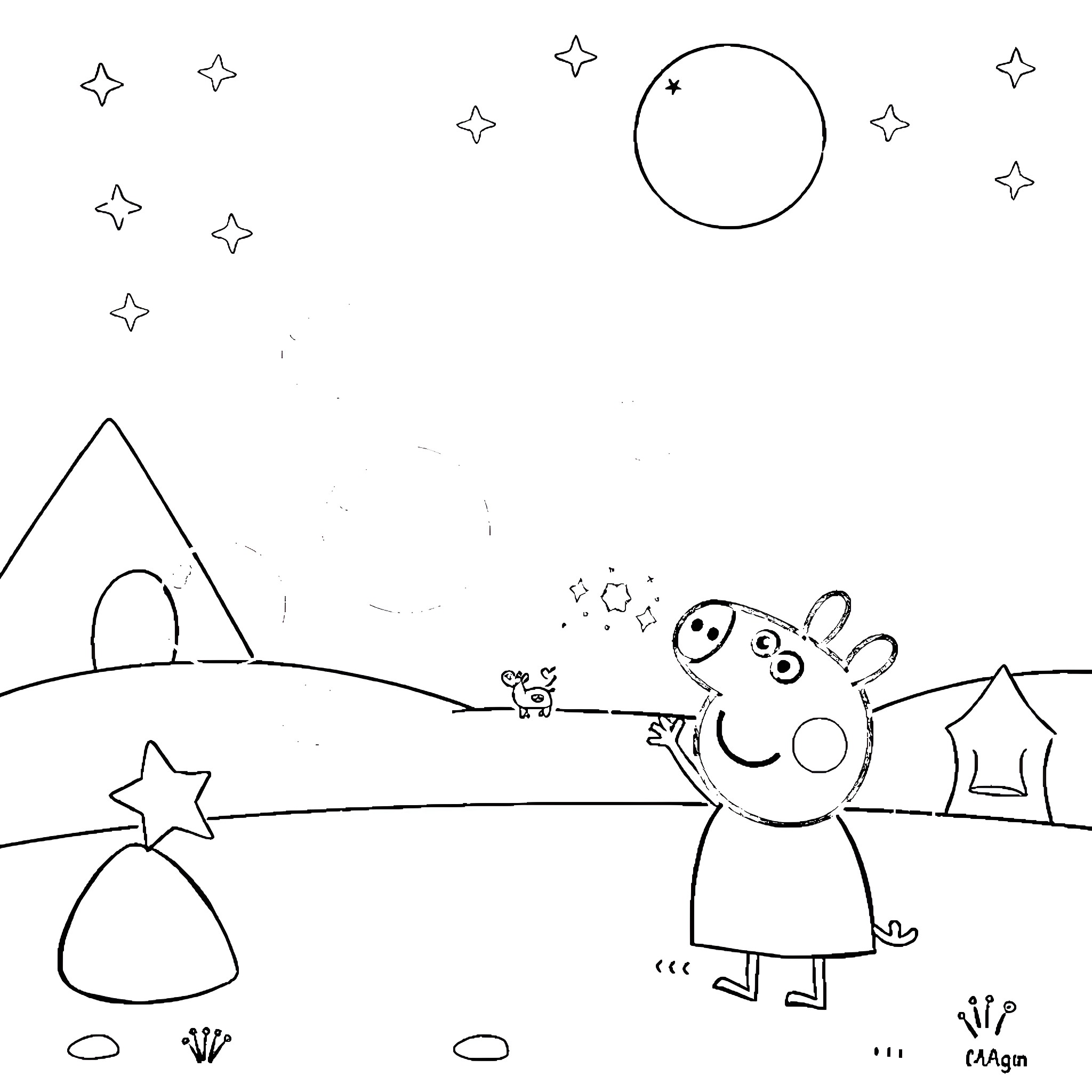 Peppa Pig playing under the starry sky Coloring Page (free black-and-white line drawing printable PDF for all, from beginners to advanced learners, including children, teens, adults, and seniors)