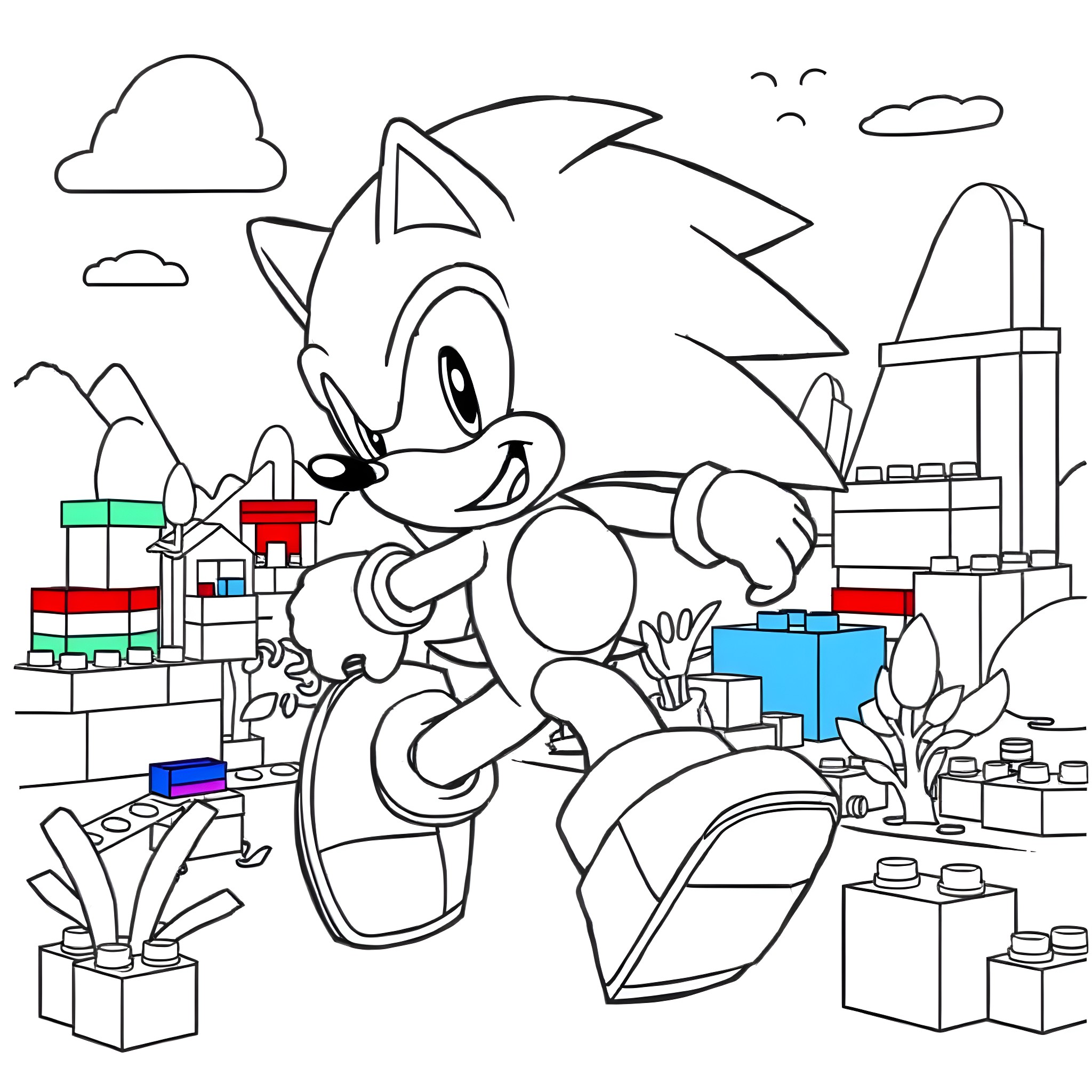 Sonic exploring a vibrant, whimsical city scene Coloring Page (free black-and-white line drawing printable PDF for all, from beginners to advanced learners, including children, teens, adults, and seniors)