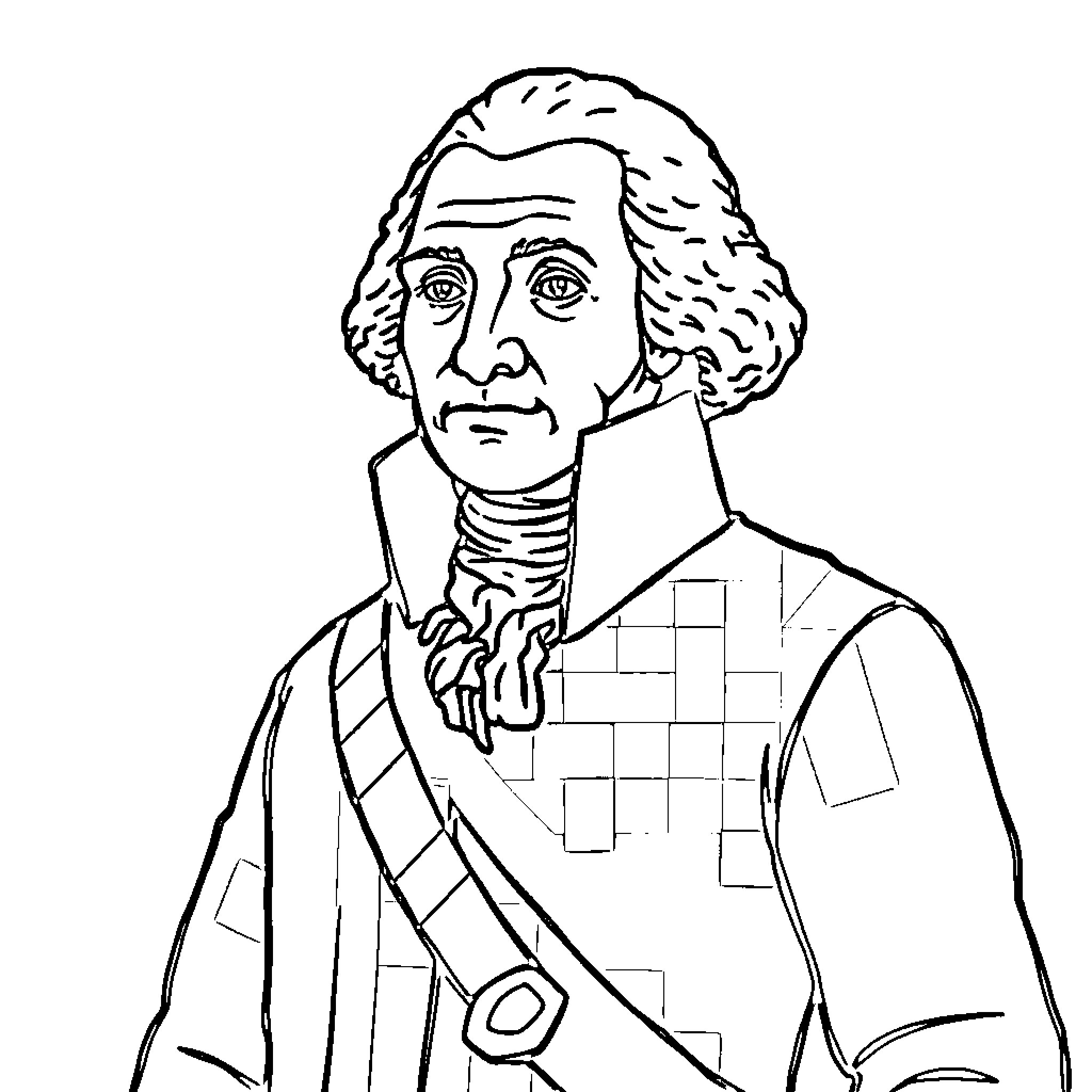 George Washington in formal attire with contemplative expression Coloring Page (free black-and-white line drawing printable PDF for all, from beginners to advanced learners, including children, teens, adults, and seniors)