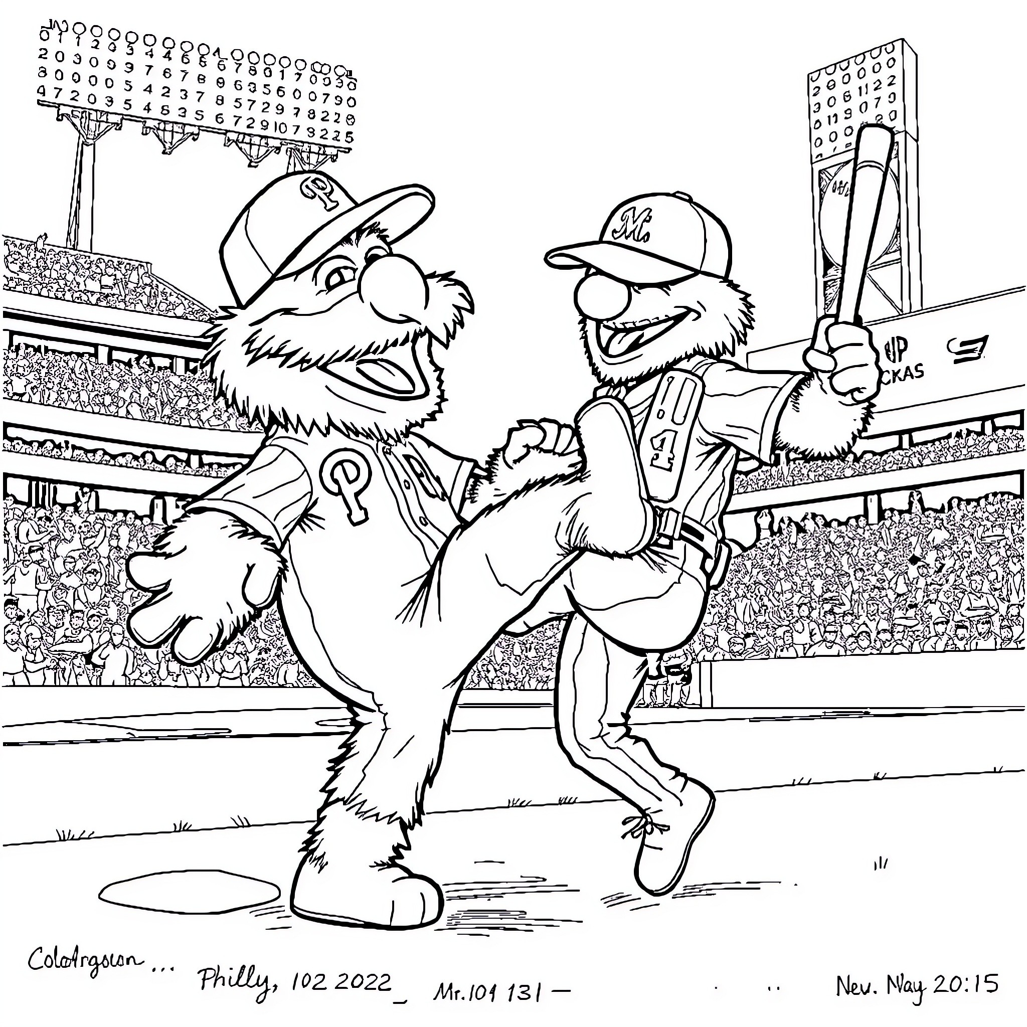 Philly Phantic Baseball Mascots in Stadium Action Coloring Page (free black-and-white line drawing printable PDF for all, from beginners to advanced learners, including children, teens, adults, and seniors)