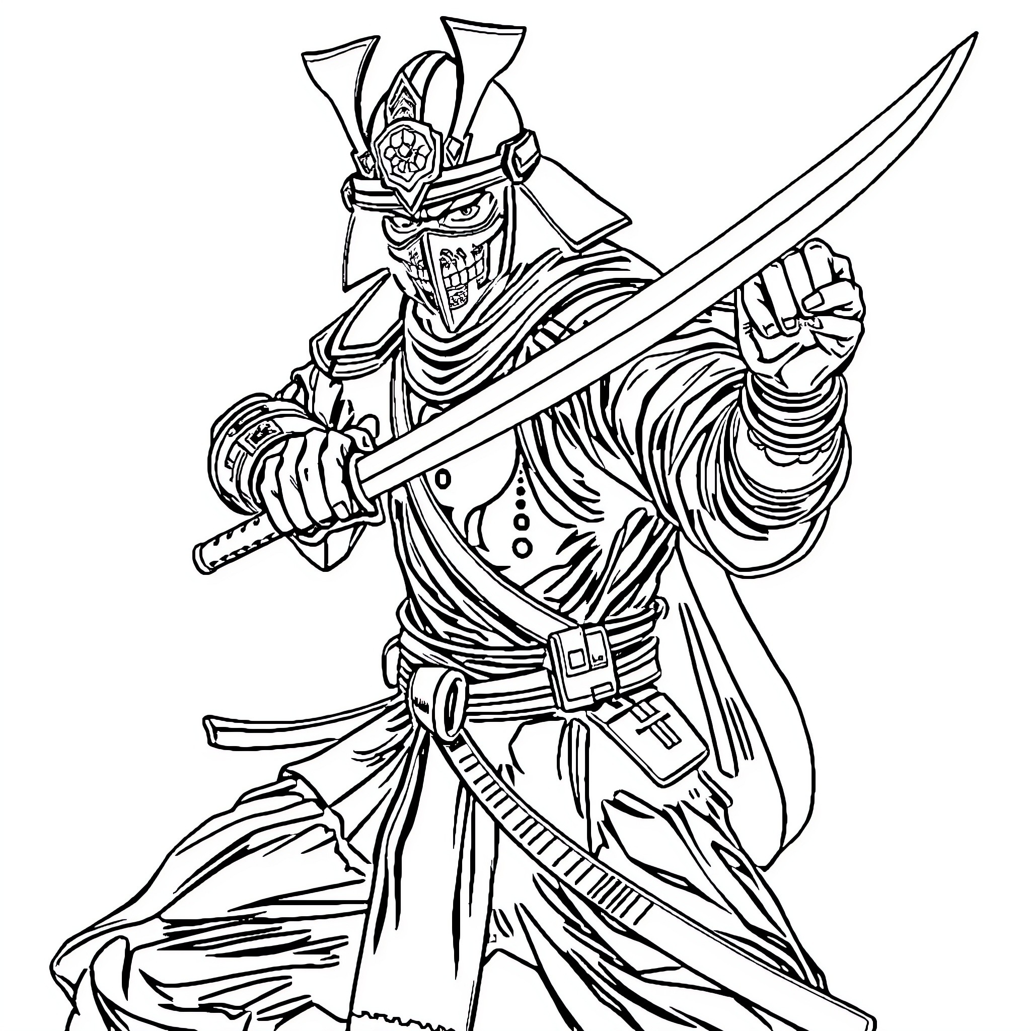 Samurai Warrior Brandishing Sword in Battle Stance Coloring Page (free black-and-white line drawing printable PDF for all, from beginners to advanced learners, including children, teens, adults, and seniors)