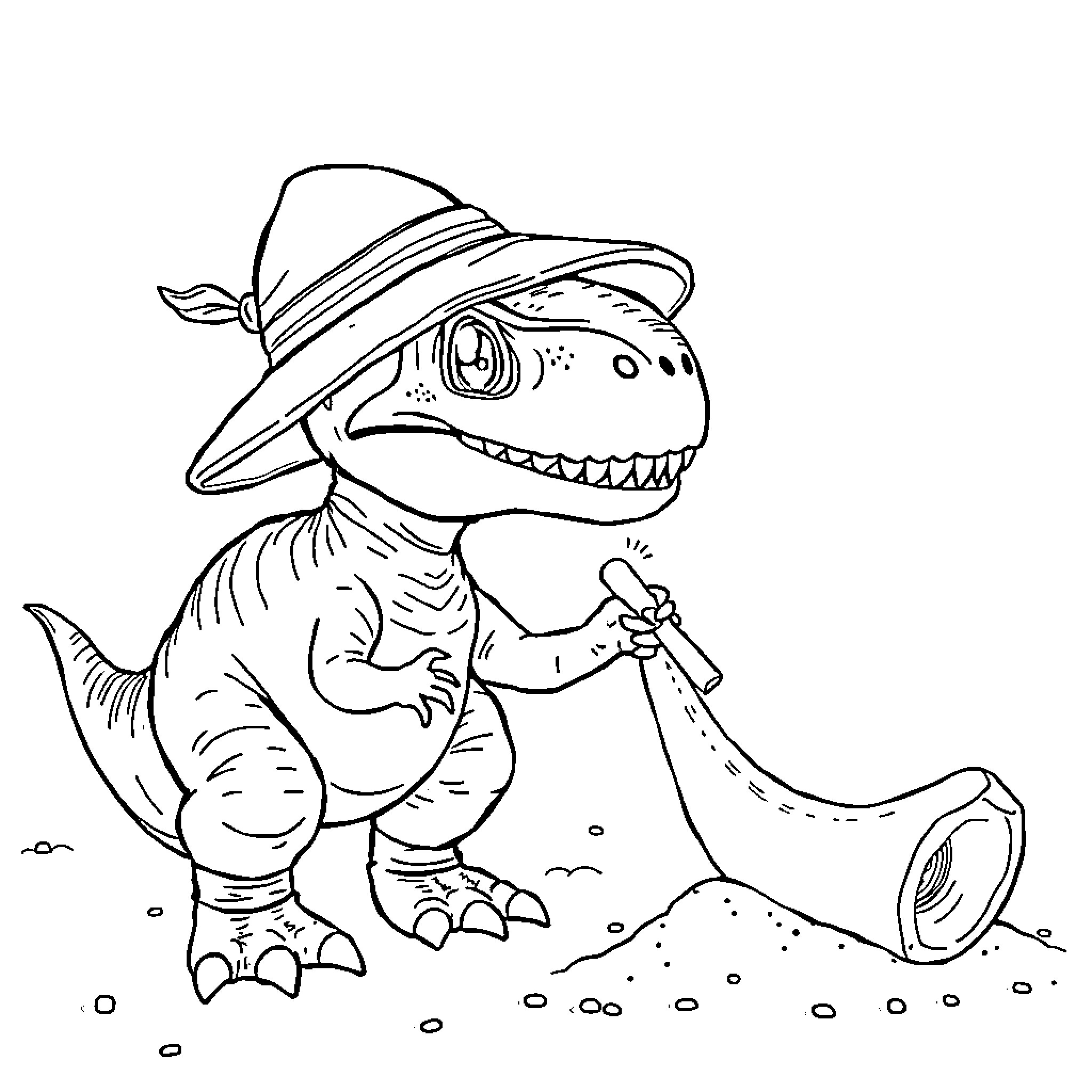 Tyrannosaurus Rex exploring the wilderness with a hiking backpack Coloring Page (free black-and-white line drawing printable PDF for all, from beginners to advanced learners, including children, teens, adults, and seniors)