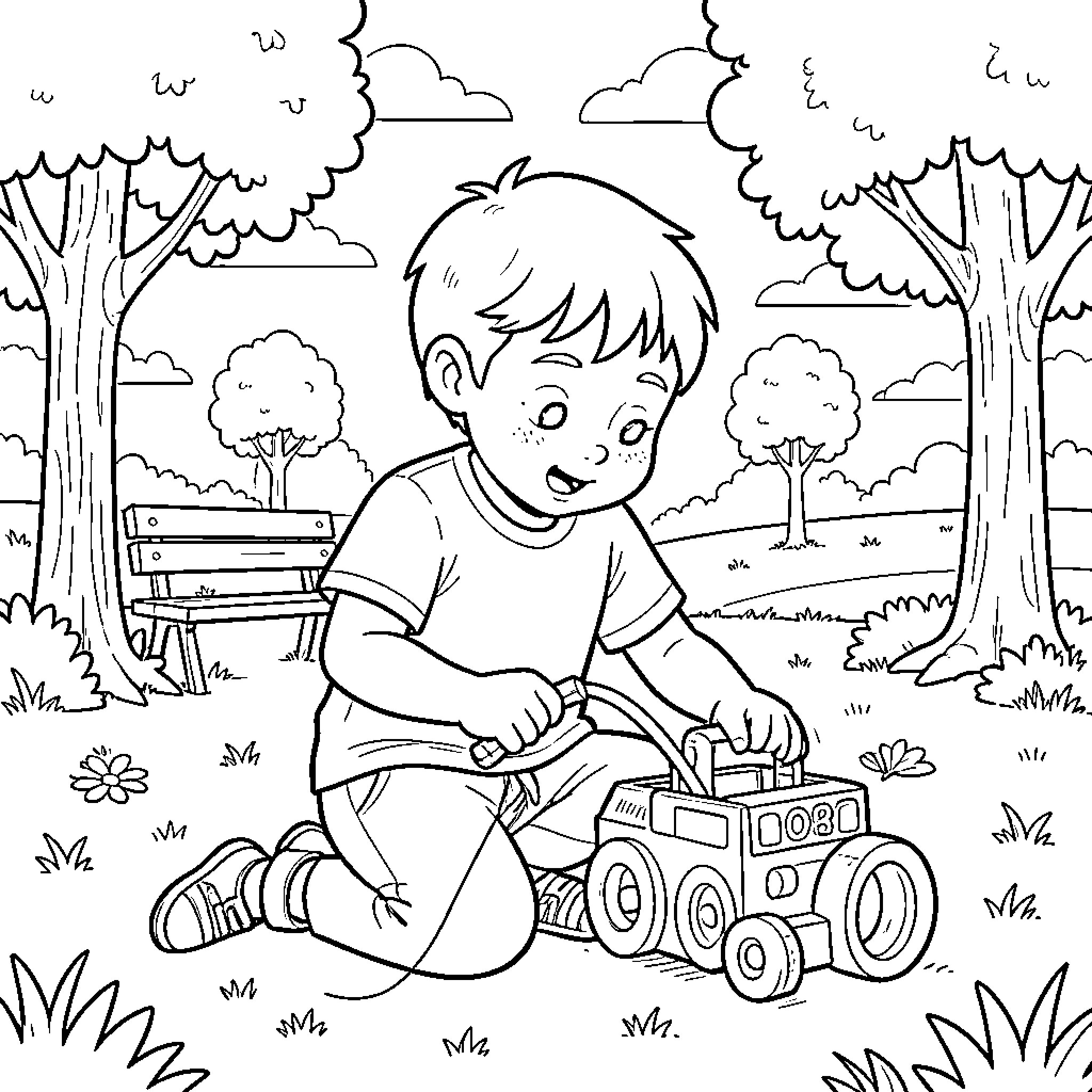 Boy playing with a toy truck in the park Coloring Page (free black-and-white line drawing printable PDF for all, from beginners to advanced learners, including children, teens, adults, and seniors)