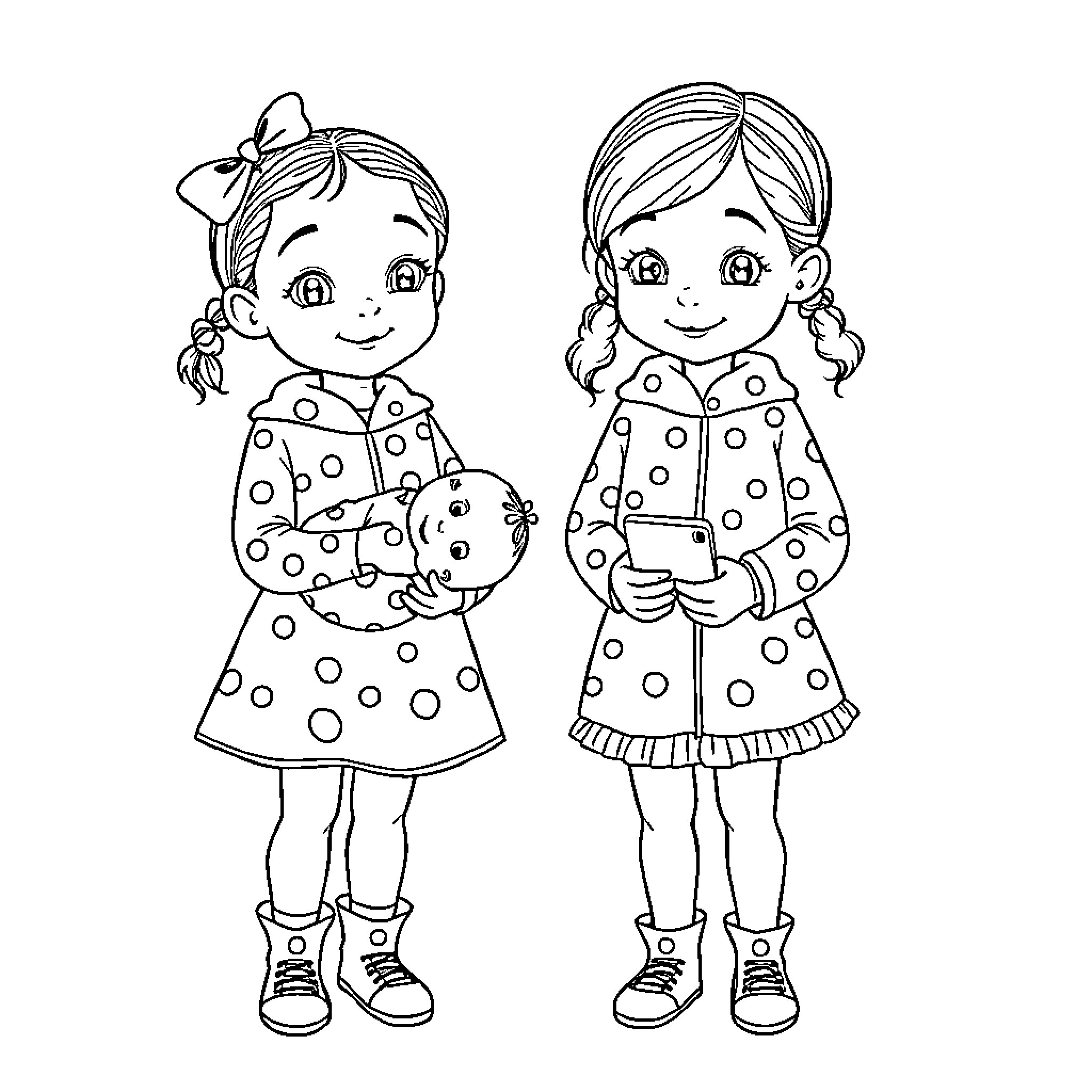 Girls in polka dot dresses playing with toys Coloring Page (free black-and-white line drawing printable PDF for all, from beginners to advanced learners, including children, teens, adults, and seniors)