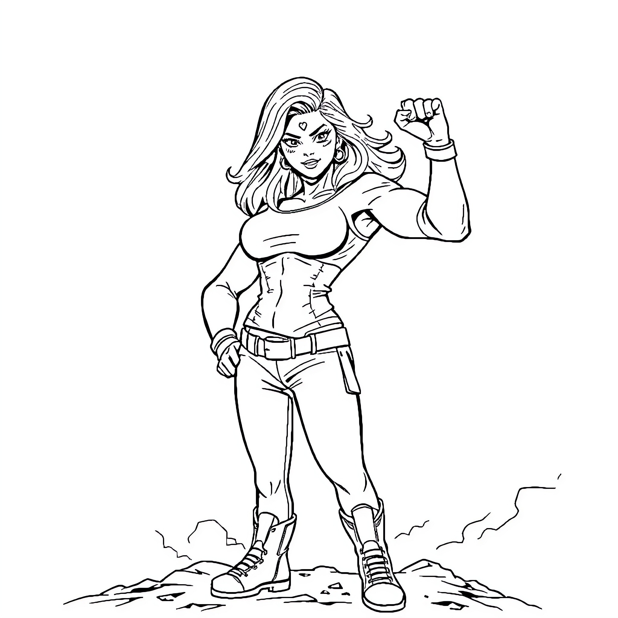 Woman in heroic action pose with determination Coloring Page (free black-and-white line drawing printable PDF for all, from beginners to advanced learners, including children, teens, adults, and seniors)