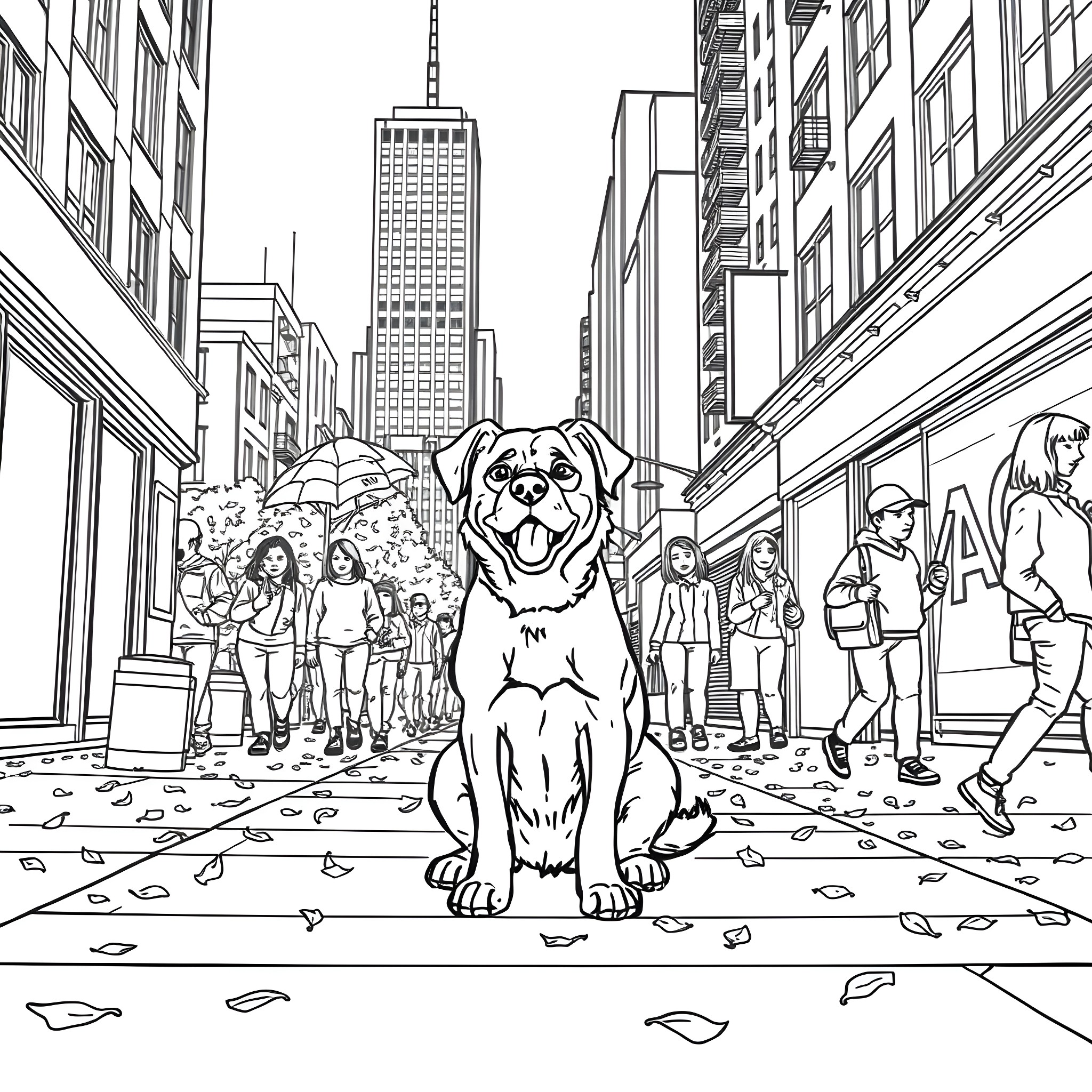 Dog sitting in the busy city street Coloring Page (free black-and-white line drawing printable PDF for all, from beginners to advanced learners, including children, teens, adults, and seniors)
