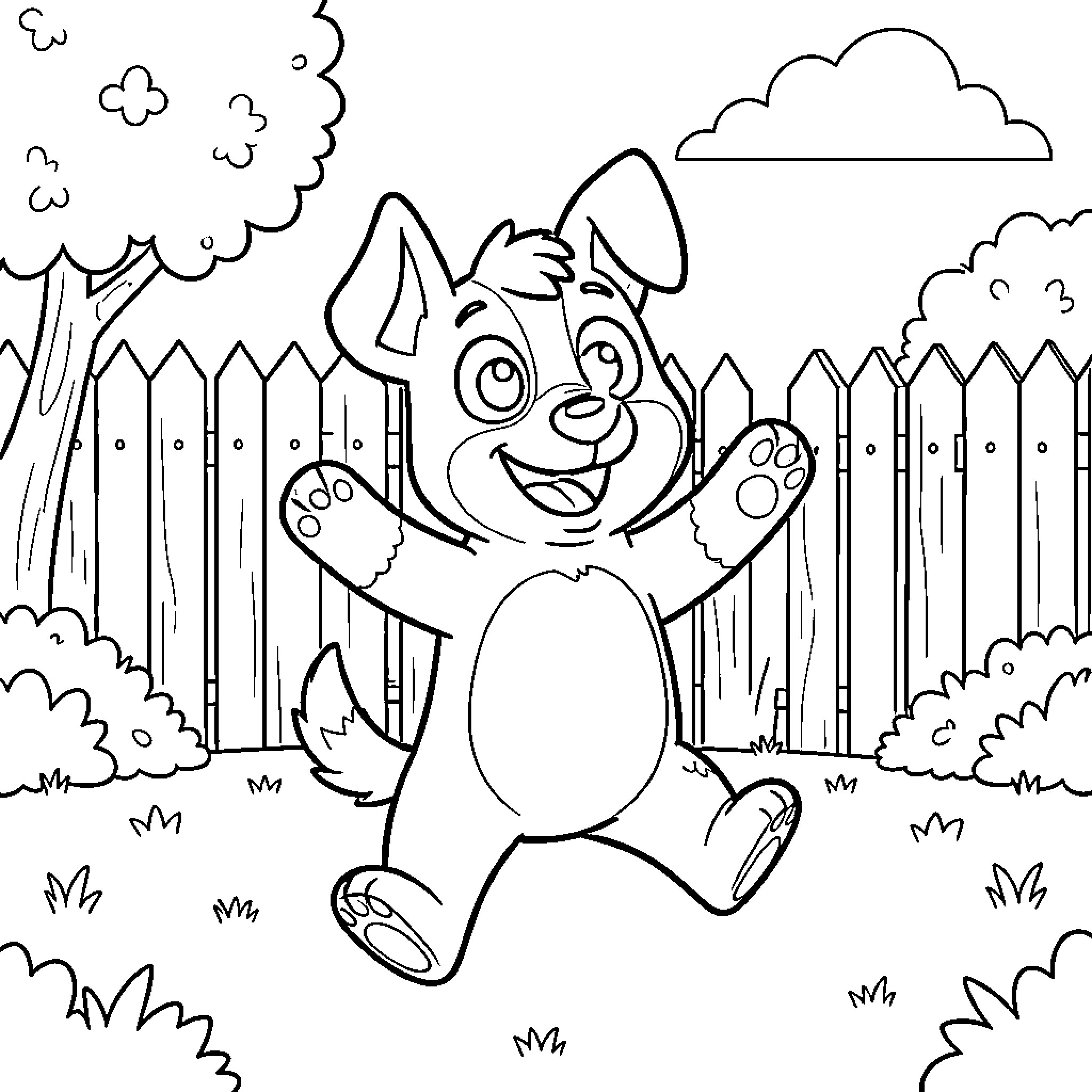 Bluey playing happily in the backyard Coloring Page (free black-and-white line drawing printable PDF for all, from beginners to advanced learners, including children, teens, adults, and seniors)