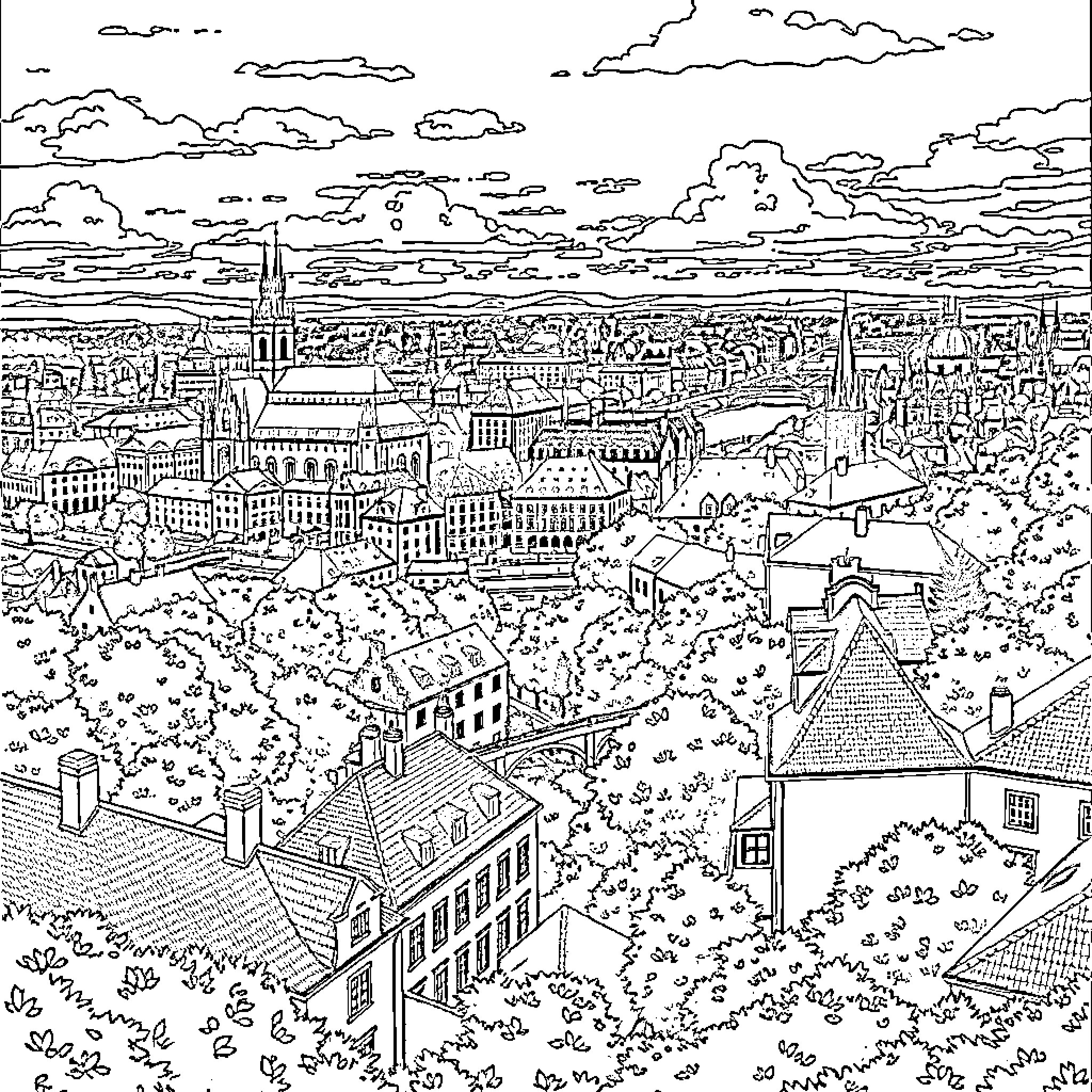 Prague cityscape with historic architecture and cloudy sky Coloring Page (free black-and-white line drawing printable PDF for all, from beginners to advanced learners, including children, teens, adults, and seniors)