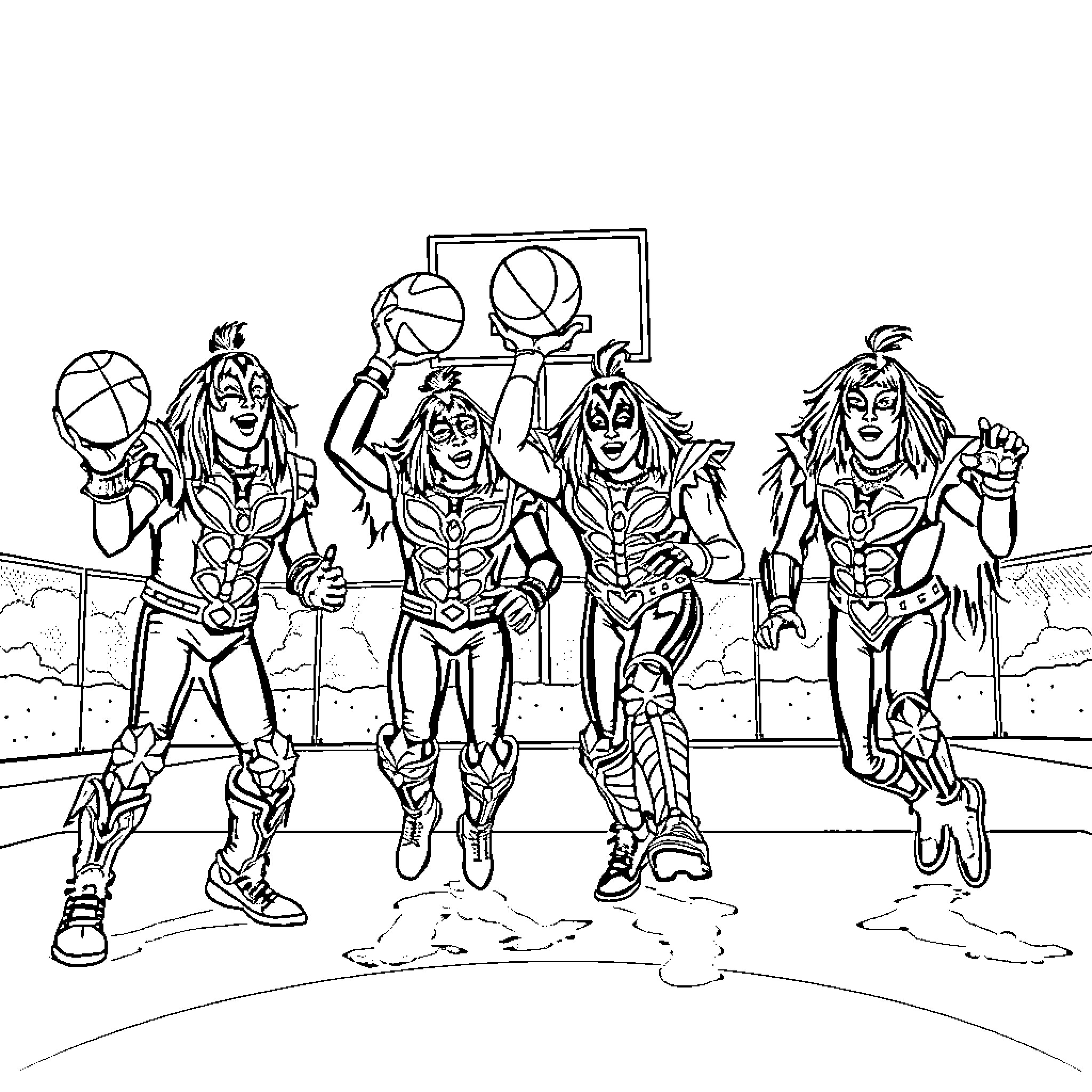 Kiss of Victory: Superheroes Celebrating Win Coloring Page (free black-and-white line drawing printable PDF for all, from beginners to advanced learners, including children, teens, adults, and seniors)