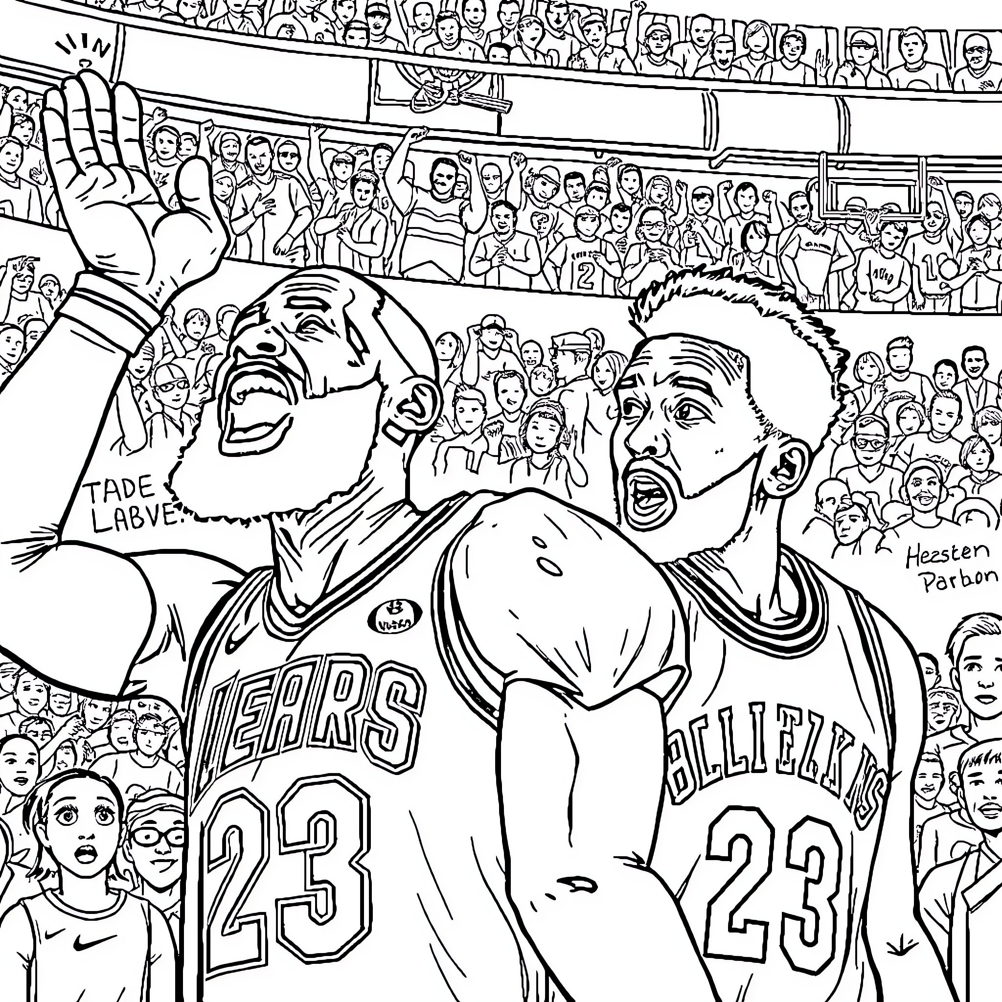 LeBron James and Anthony Davis Celebrate Victory in Basketball Arena Coloring Page (free black-and-white line drawing printable PDF for all, from beginners to advanced learners, including children, teens, adults, and seniors)