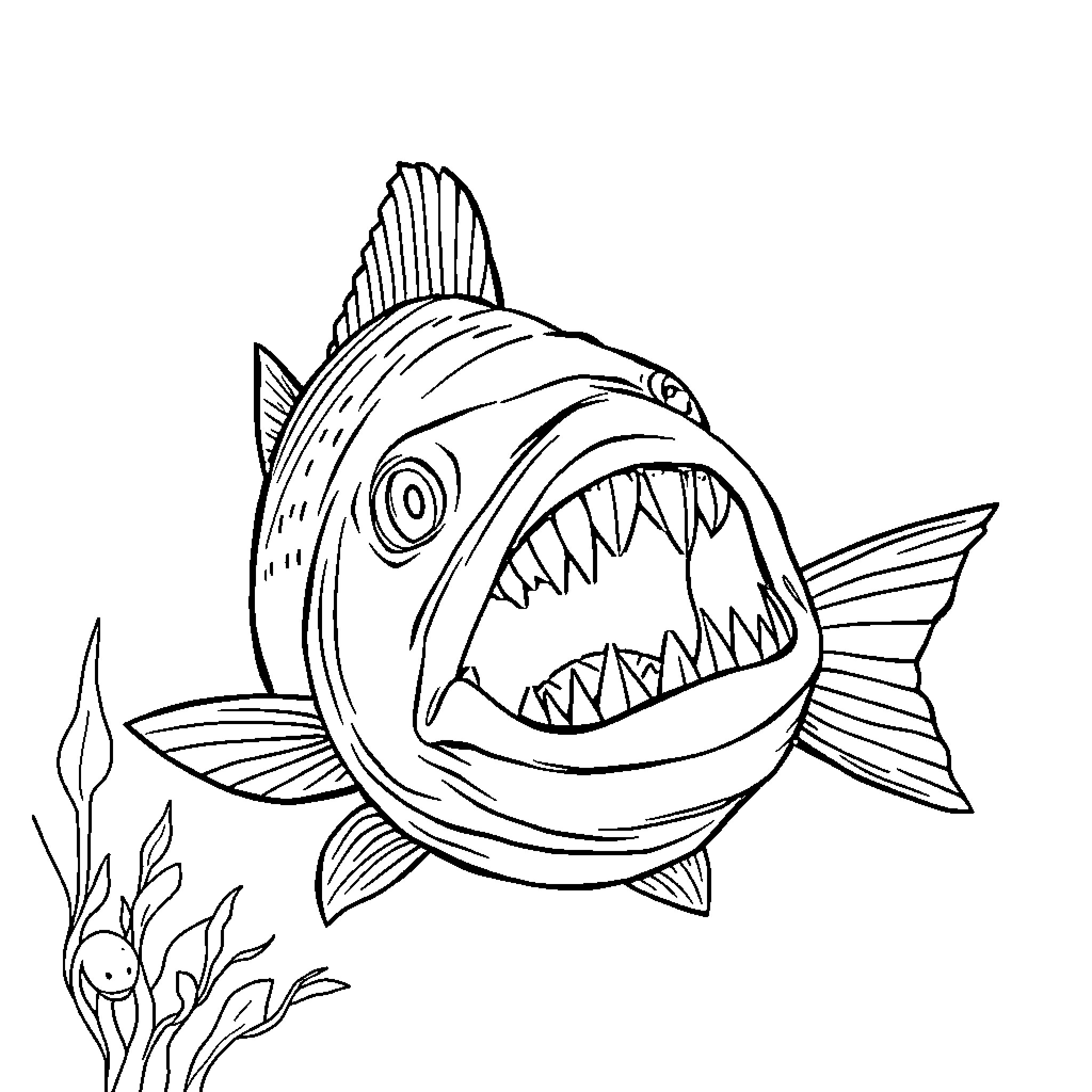 Fish with sharp teeth and wide open mouth Coloring Page (free black-and-white line drawing printable PDF for all, from beginners to advanced learners, including children, teens, adults, and seniors)
