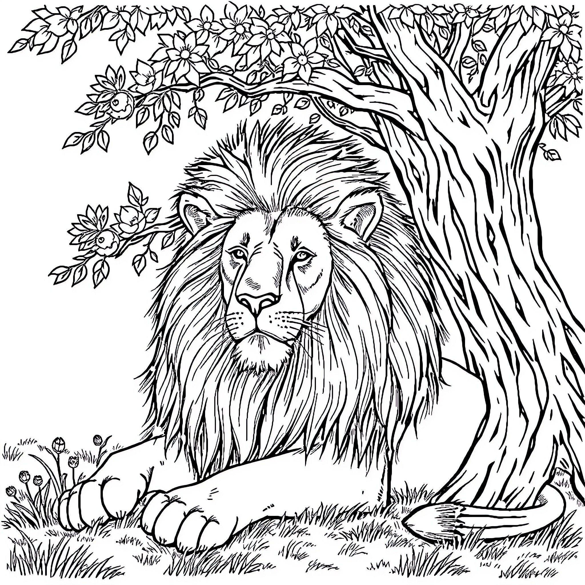 Lion resting in lush forest scenery Coloring Page (free black-and-white line drawing printable PDF for all, from beginners to advanced learners, including children, teens, adults, and seniors)