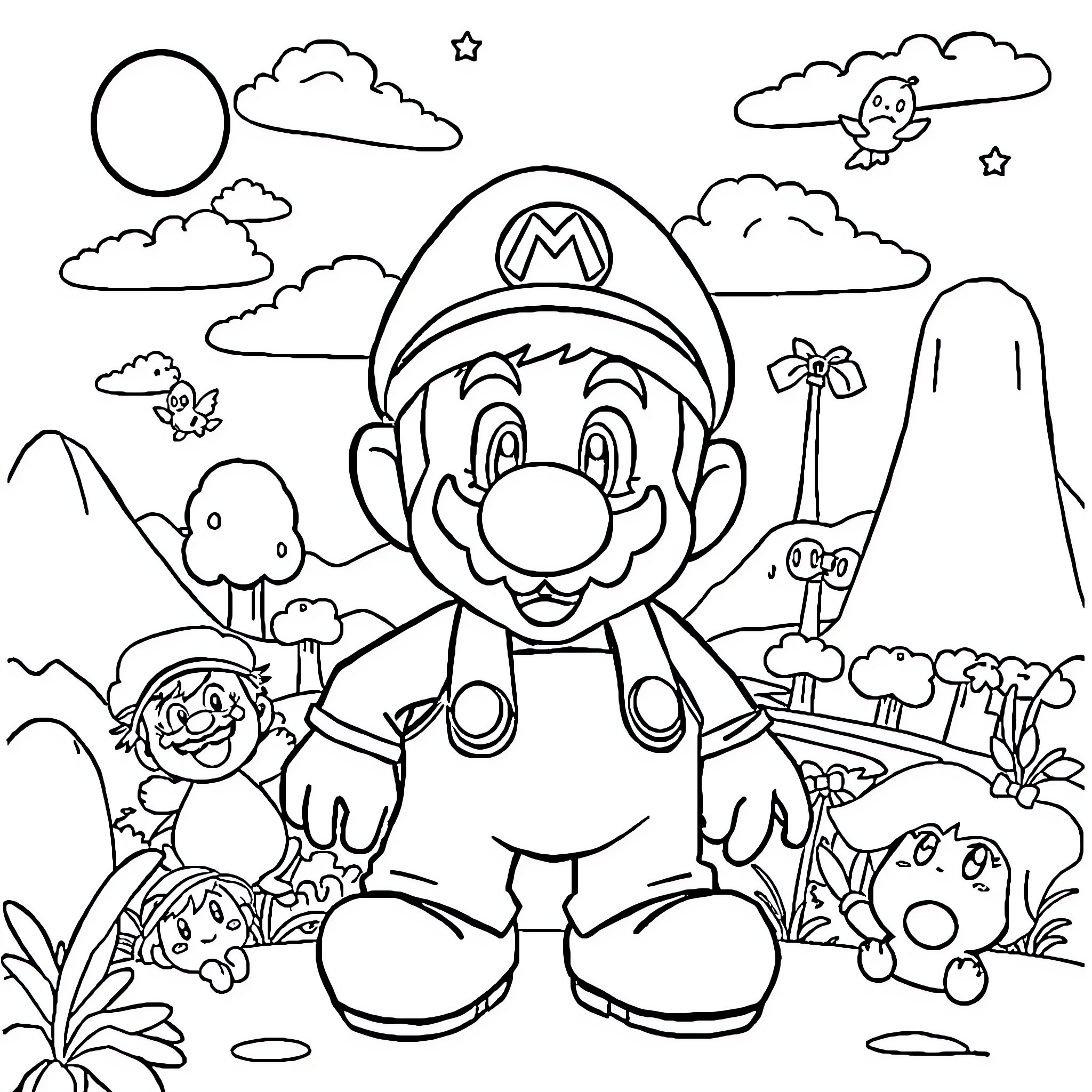 Mario's Outdoor Adventure with Friends Coloring Page (free black-and-white line drawing printable PDF for all, from beginners to advanced learners, including children, teens, adults, and seniors)