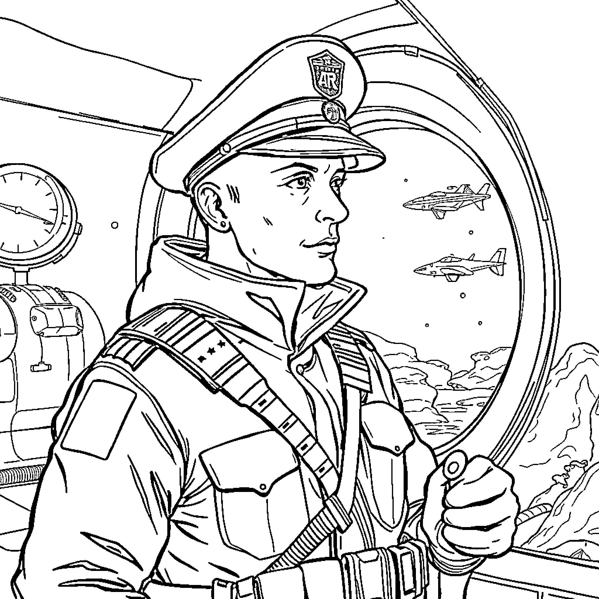 Marin's Adventure in the Cockpit Coloring Page (free black-and-white line drawing printable PDF for all, from beginners to advanced learners, including children, teens, adults, and seniors)
