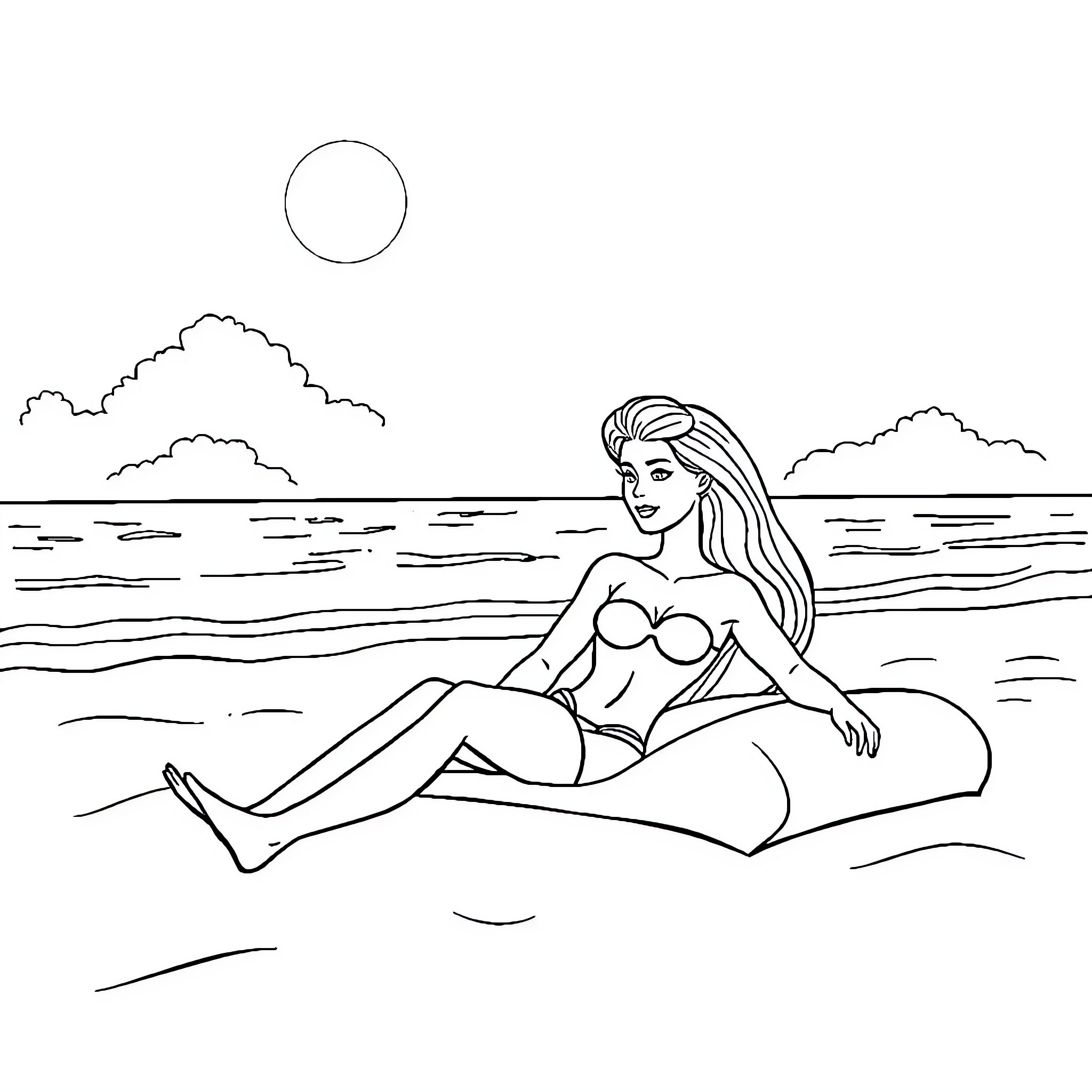 Barbie relaxing on the beach Coloring Page (free black-and-white line drawing printable PDF for all, from beginners to advanced learners, including children, teens, adults, and seniors)
