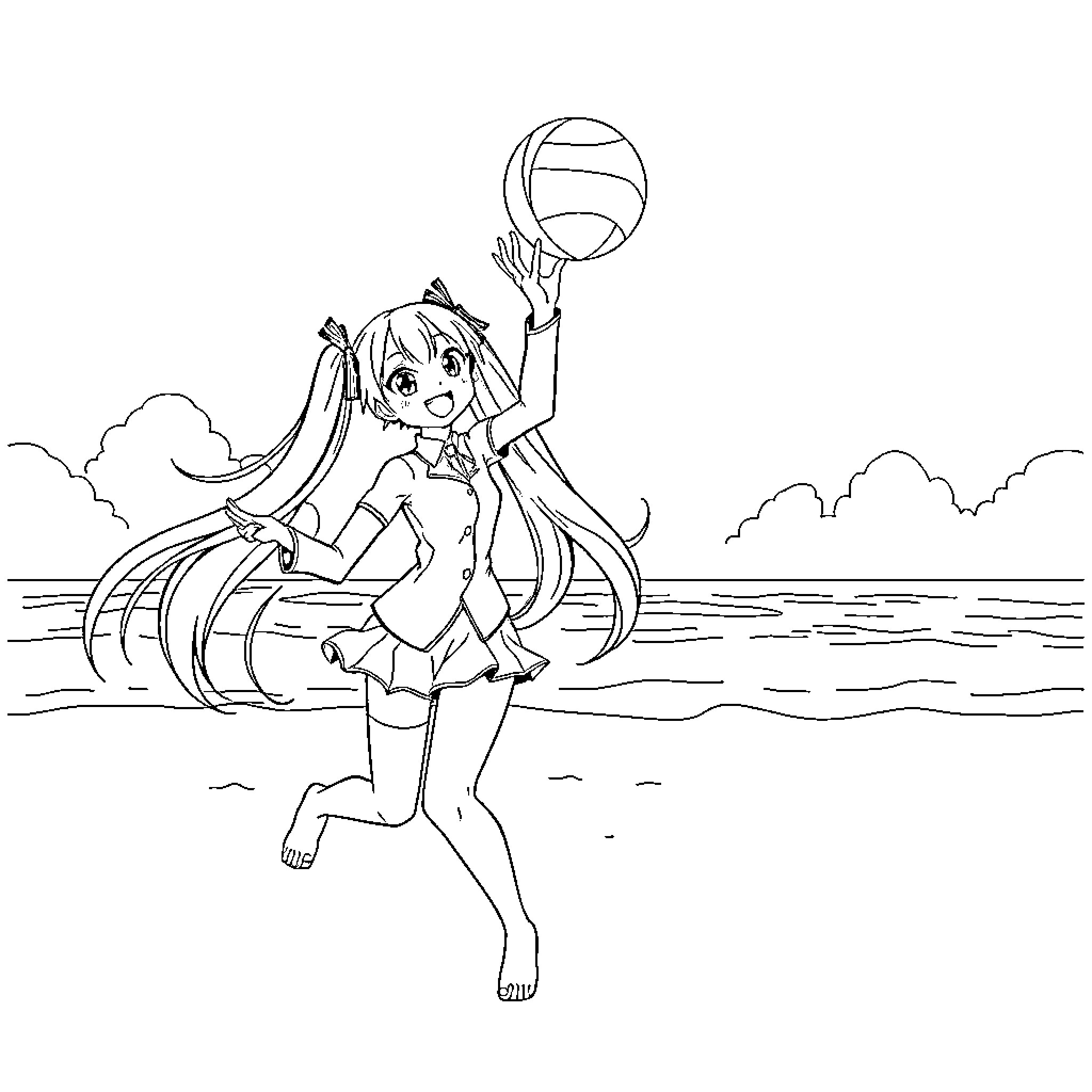Hatsune Miku playing volleyball on the beach Coloring Page (free black-and-white line drawing printable PDF for all, from beginners to advanced learners, including children, teens, adults, and seniors)