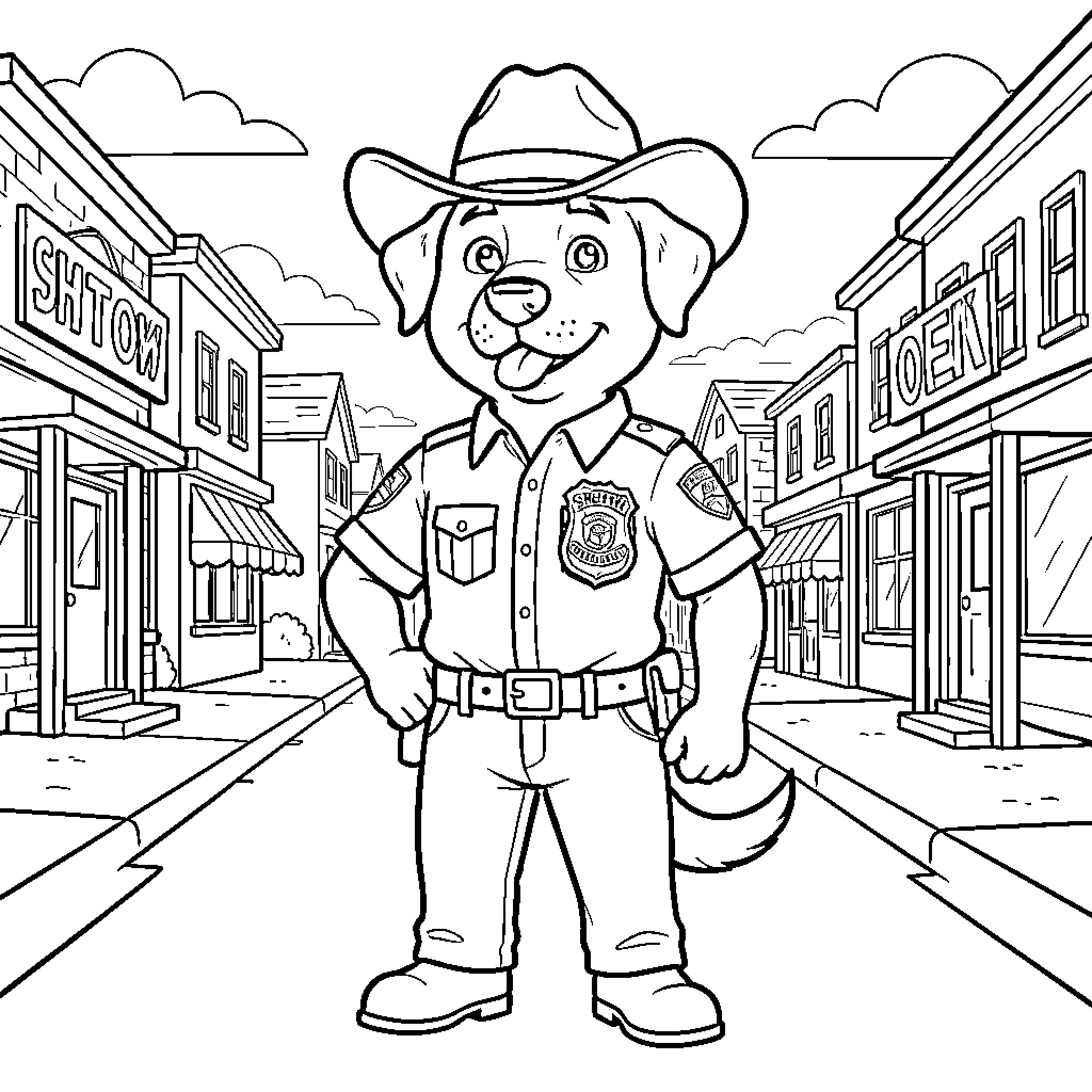 Sheriff Labrador wearing a cowboy hat standing on a street Coloring Page (free black-and-white line drawing printable PDF for all, from beginners to advanced learners, including children, teens, adults, and seniors)