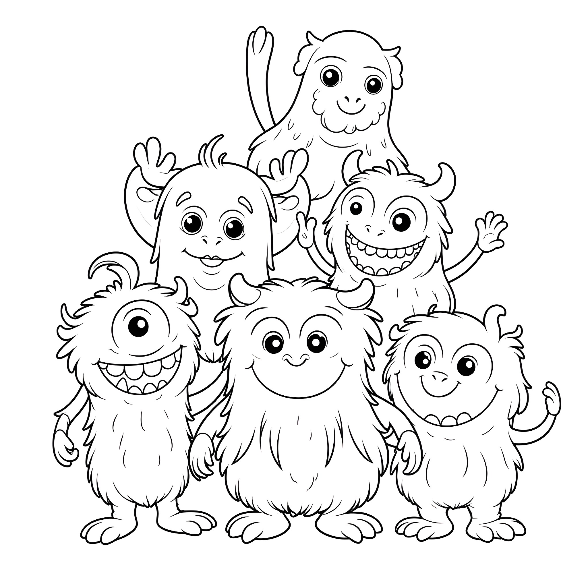 Monster characters happily waving together Coloring Page (free black-and-white line drawing printable PDF for all, from beginners to advanced learners, including children, teens, adults, and seniors)