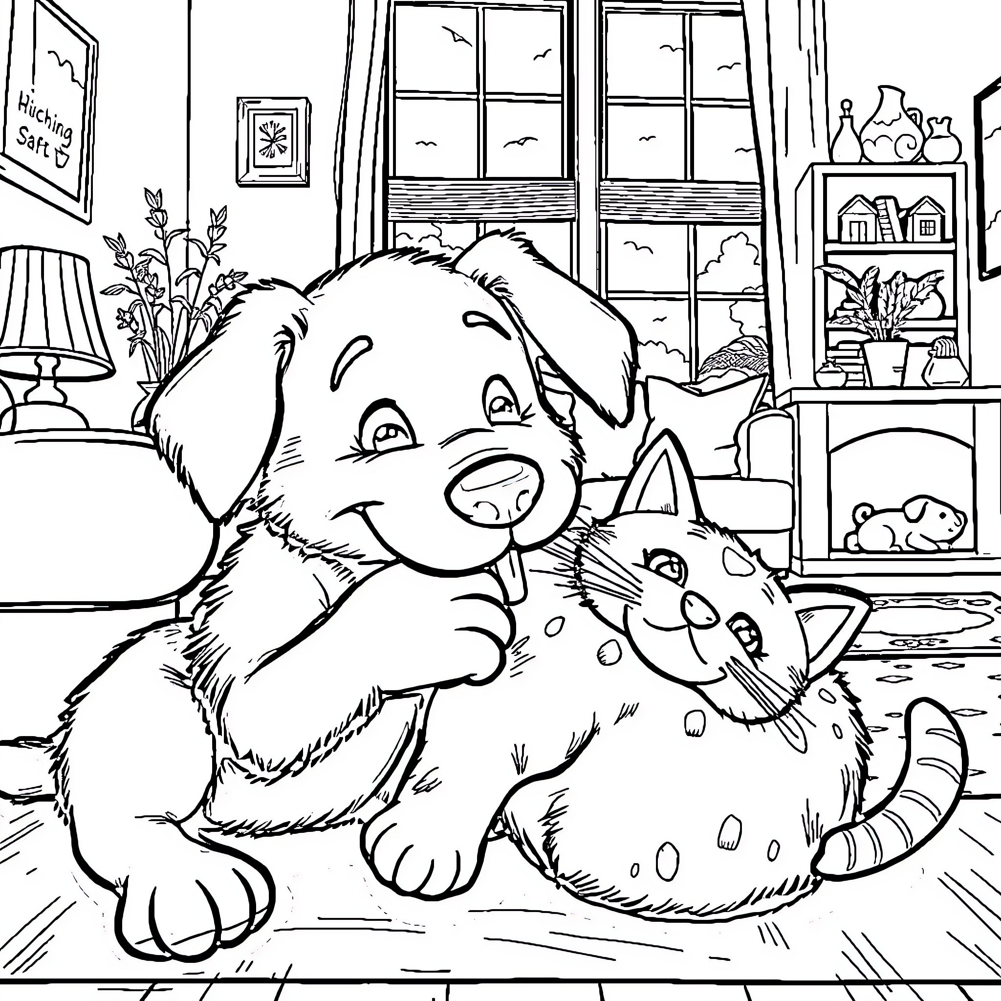 Bluey playing with her pet cat indoors Coloring Page (free black-and-white line drawing printable PDF for all, from beginners to advanced learners, including children, teens, adults, and seniors)