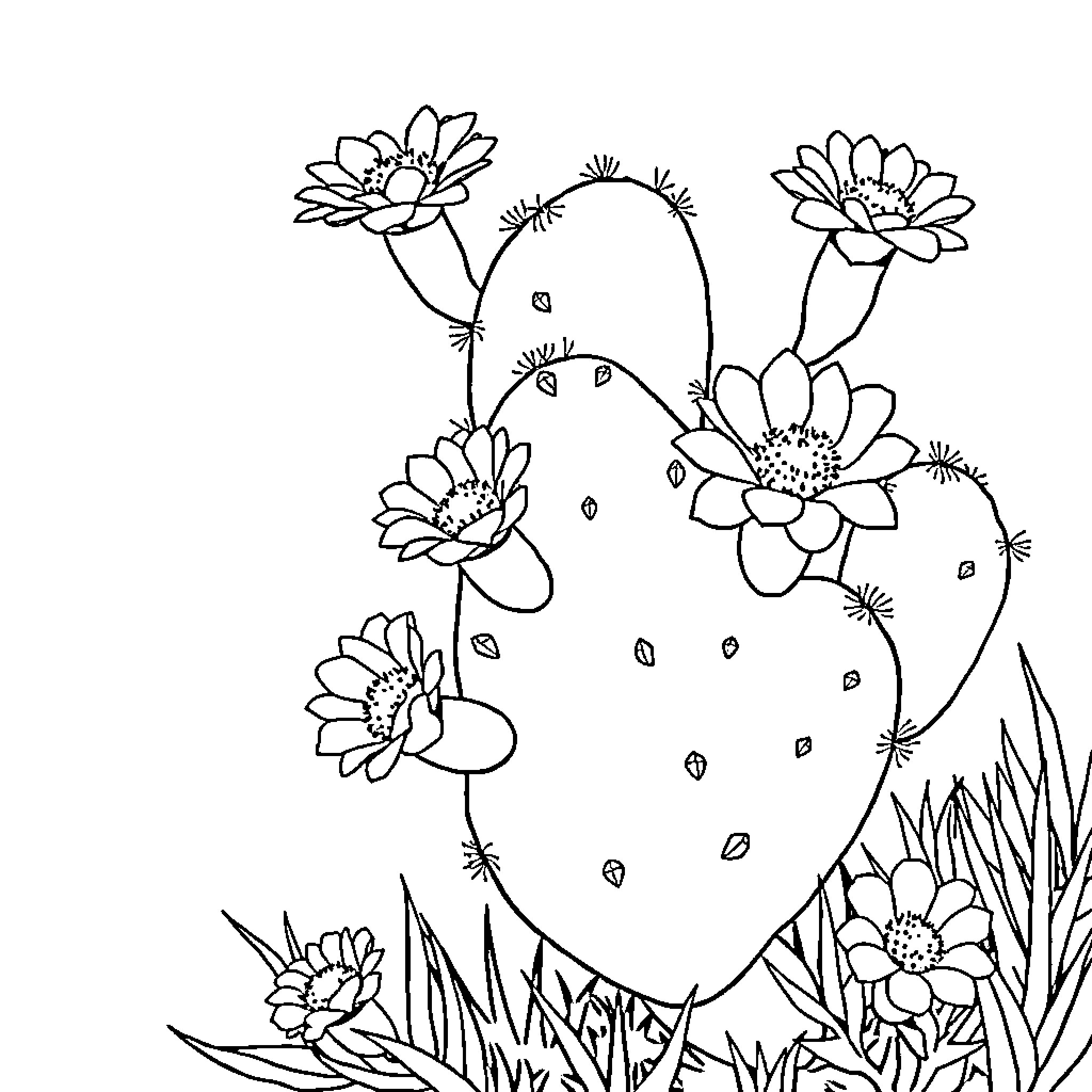 Cactus with blooming flowers Coloring Page (free black-and-white line drawing printable PDF for all, from beginners to advanced learners, including children, teens, adults, and seniors)