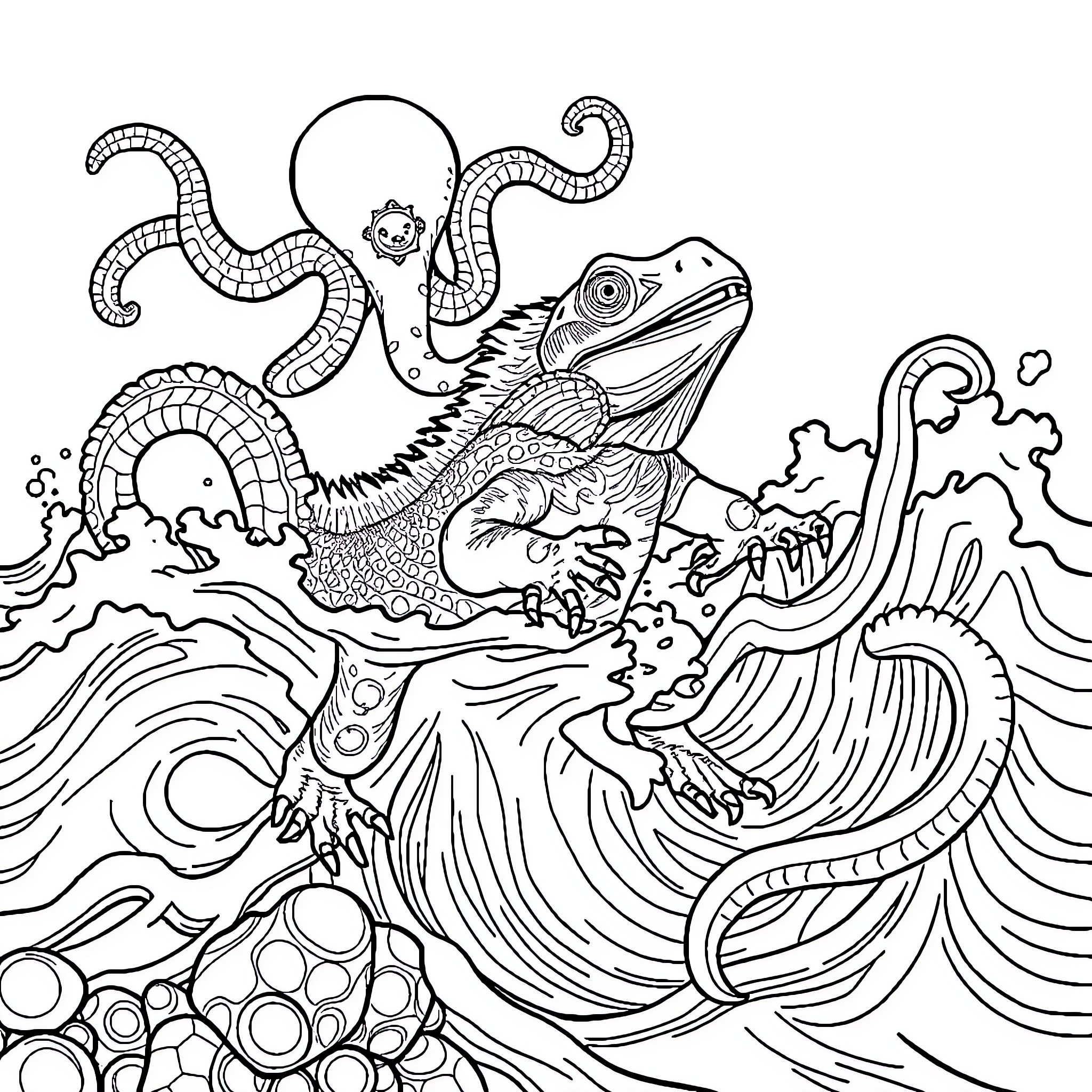 Iguana and Octopus in Fantastical Underwater Scene Coloring Page (free black-and-white line drawing printable PDF for all, from beginners to advanced learners, including children, teens, adults, and seniors)
