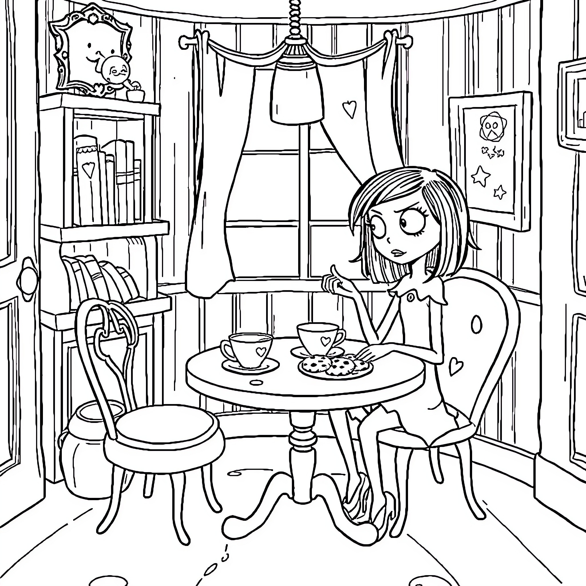 Coraline's Cozy Cottage: A Whimsical Afternoon Tea Coloring Page (free black-and-white line drawing printable PDF for all, from beginners to advanced learners, including children, teens, adults, and seniors)