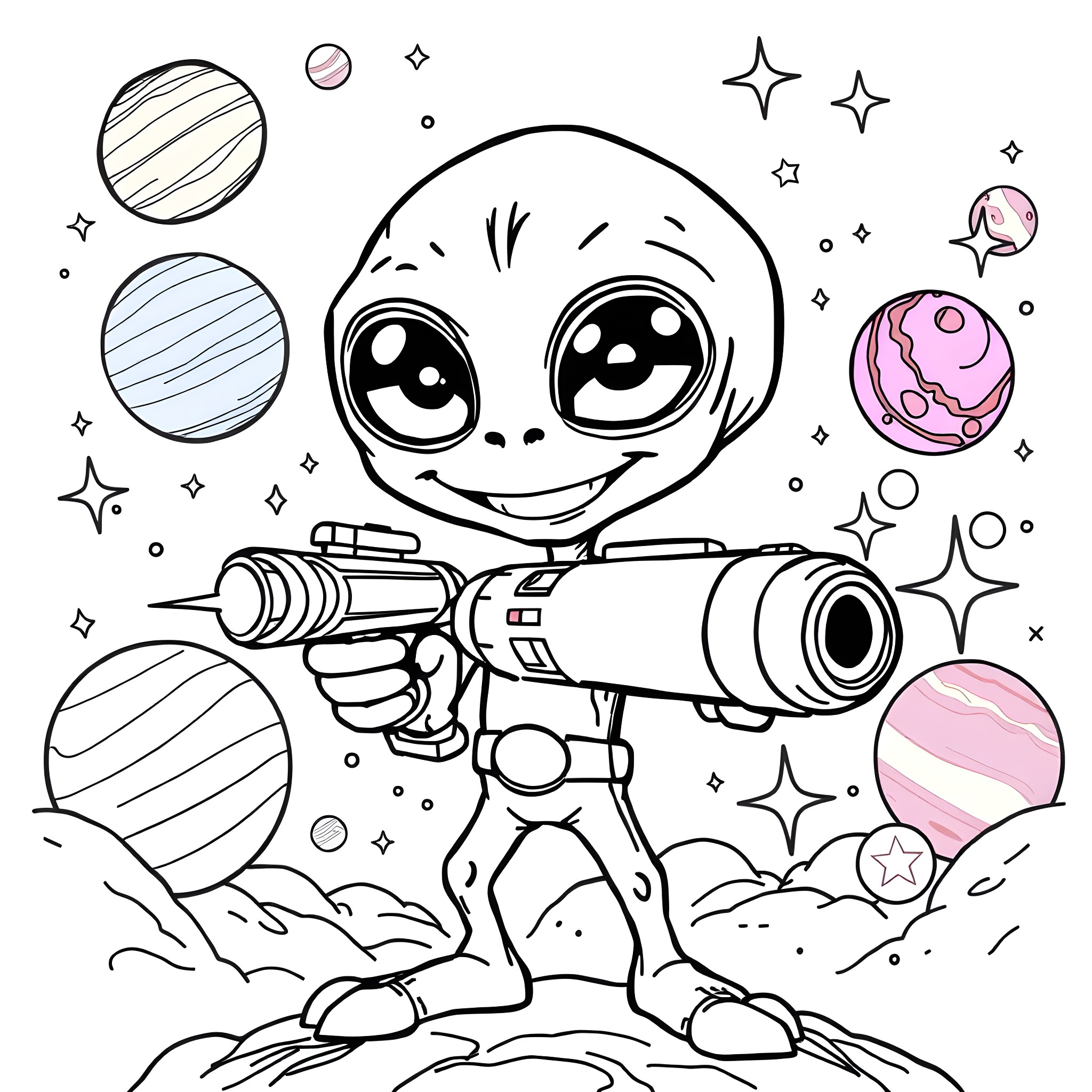Alien Astronaut Exploring the Cosmic Landscape Coloring Page (free black-and-white line drawing printable PDF for all, from beginners to advanced learners, including children, teens, adults, and seniors)