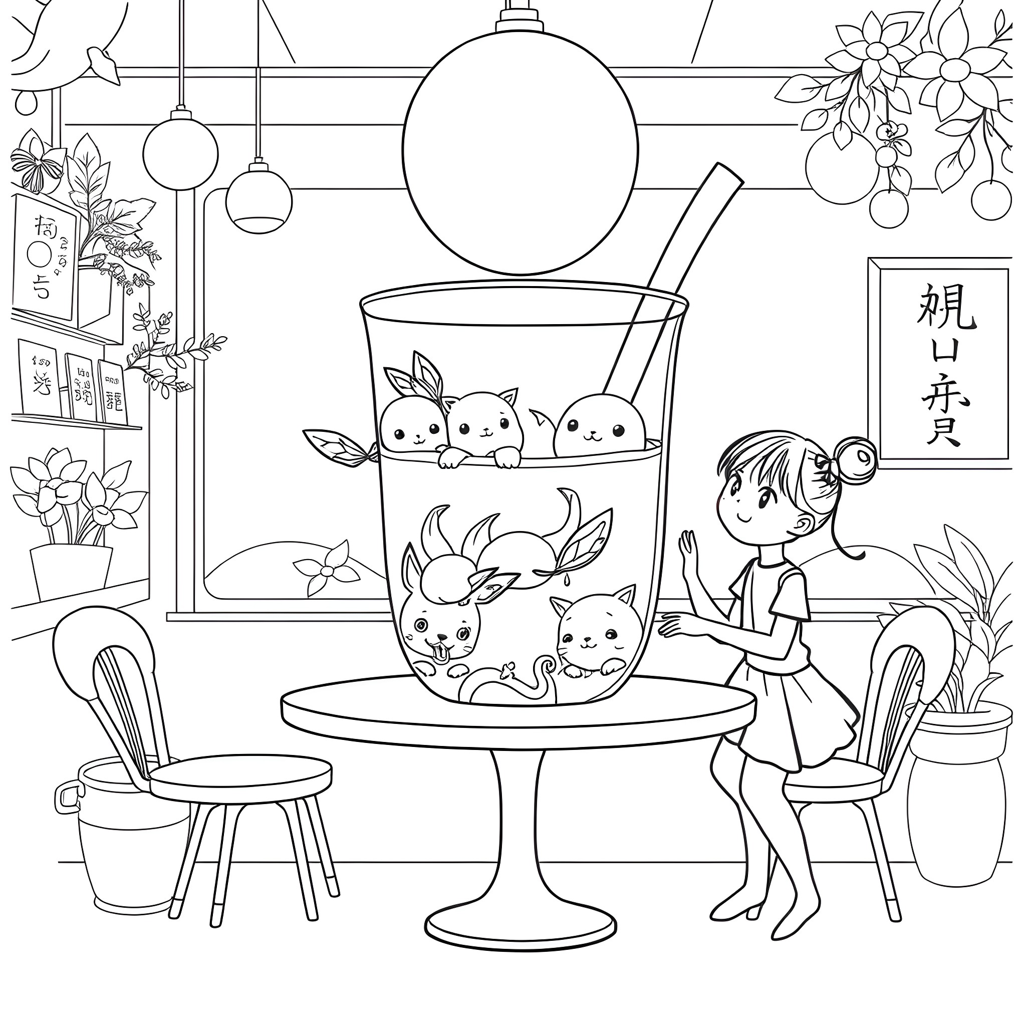 Animal enjoying bubble tea in cozy cafe Coloring Page (free black-and-white line drawing printable PDF for all, from beginners to advanced learners, including children, teens, adults, and seniors)