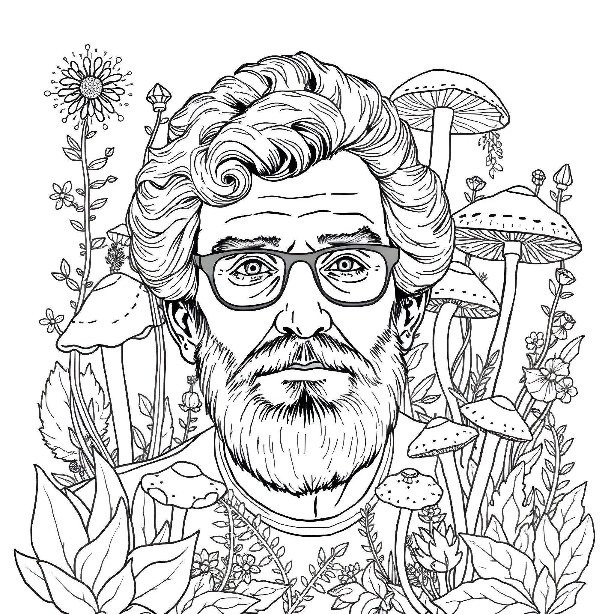 Terence McKenna surrounded by psychedelic mushrooms and nature Coloring Page (free black-and-white line drawing printable PDF for all, from beginners to advanced learners, including children, teens, adults, and seniors)