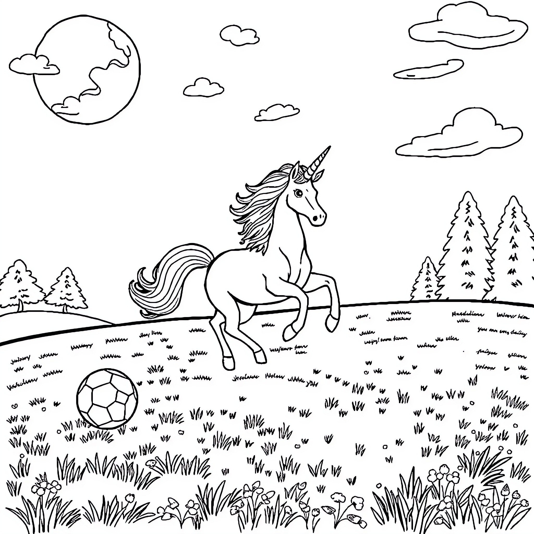 Unicorn running through a magical meadow Coloring Page (free black-and-white line drawing printable PDF for all, from beginners to advanced learners, including children, teens, adults, and seniors)