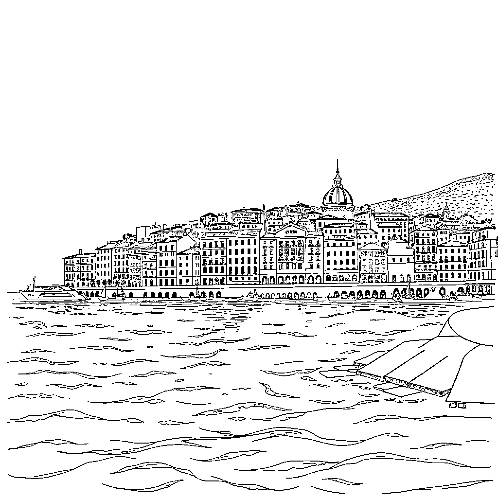 City on the Waterfront with Architectural Structures Coloring Page (free black-and-white line drawing printable PDF for all, from beginners to advanced learners, including children, teens, adults, and seniors)