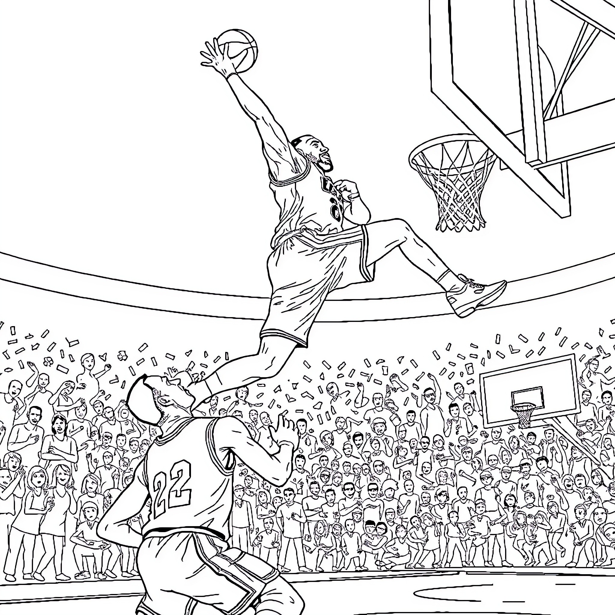 LeBron's Slam Dunk Thrills Cheering Crowd Coloring Page (free black-and-white line drawing printable PDF for all, from beginners to advanced learners, including children, teens, adults, and seniors)