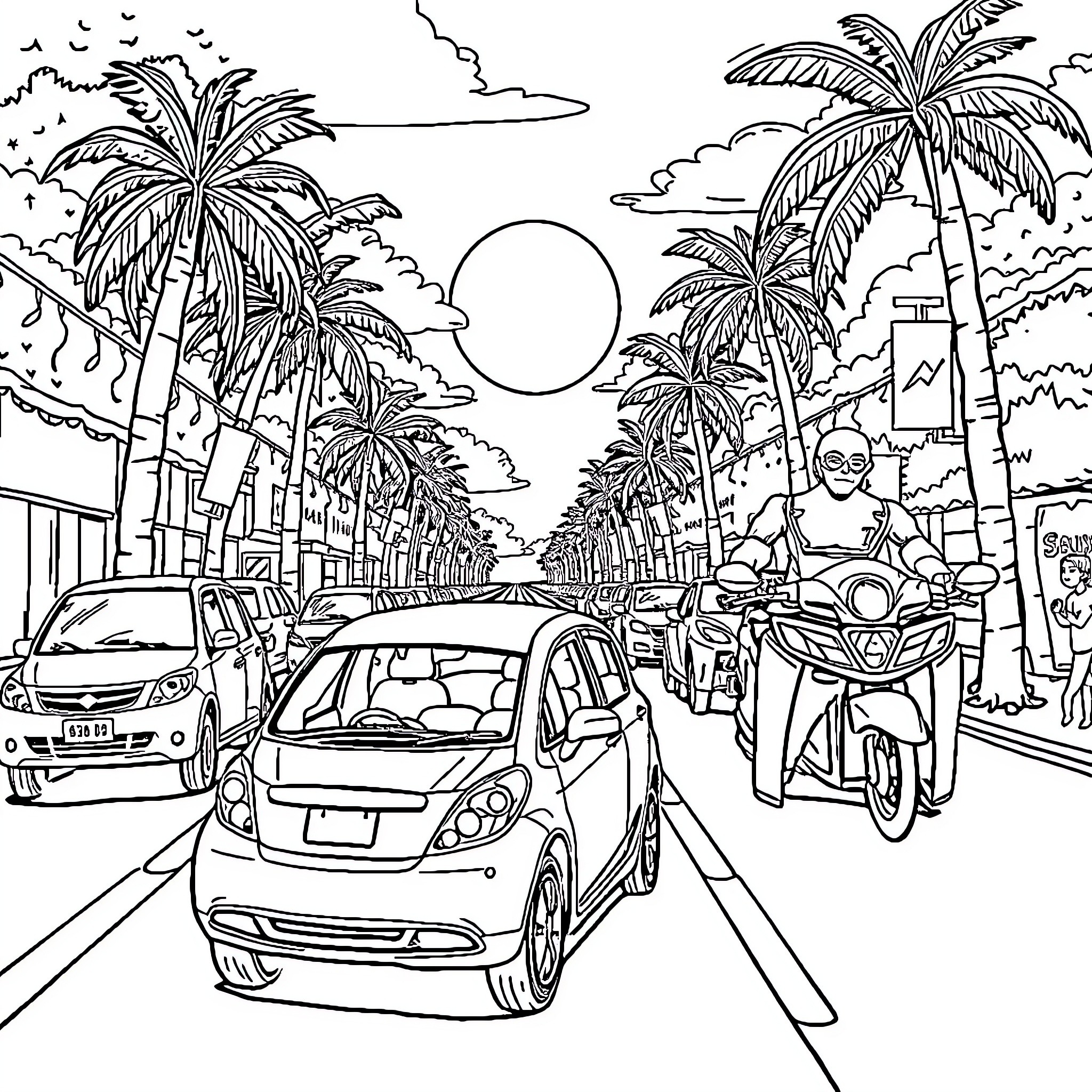 Vehicle driving through tropical beach town Coloring Page (free black-and-white line drawing printable PDF for all, from beginners to advanced learners, including children, teens, adults, and seniors)