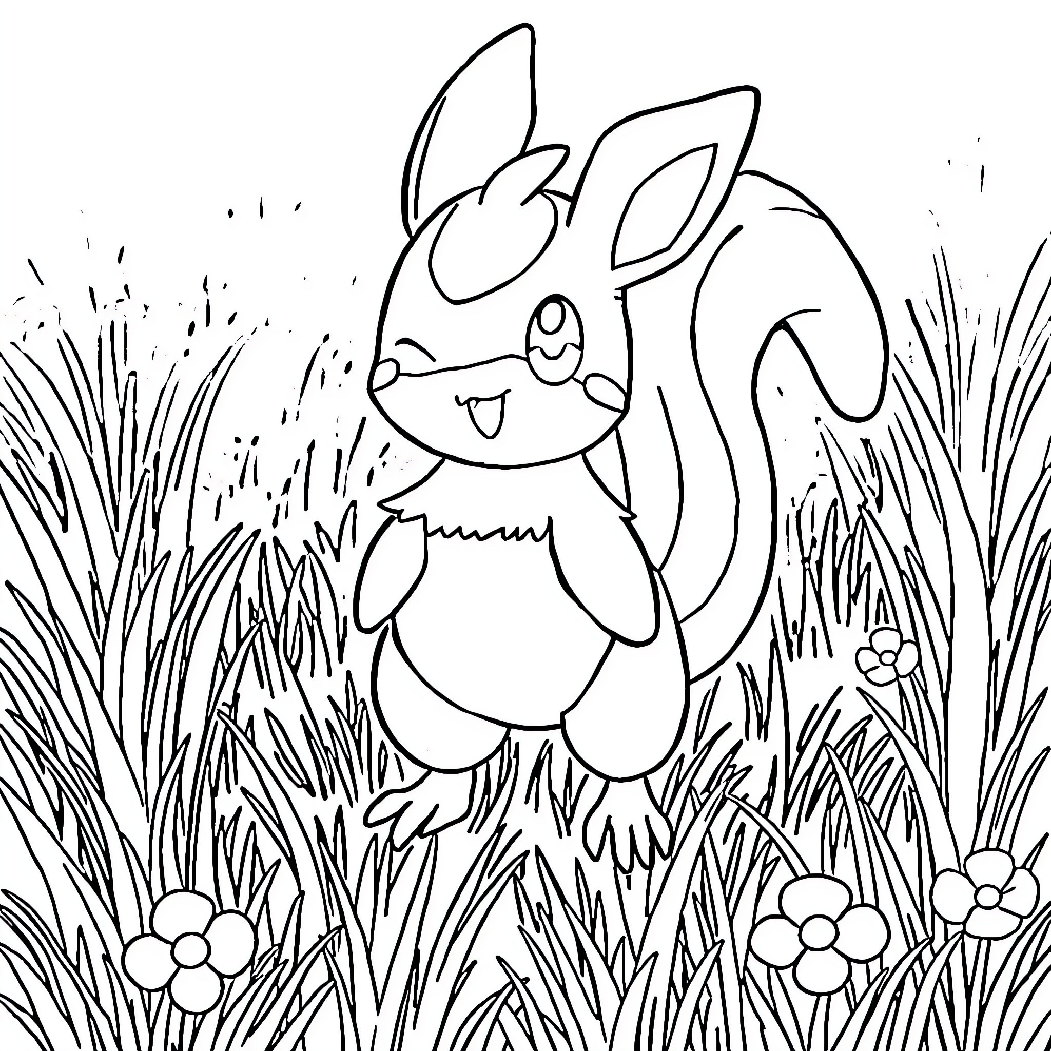 Pachirisu playing happily in the grass Coloring Page (free black-and-white line drawing printable PDF for all, from beginners to advanced learners, including children, teens, adults, and seniors)