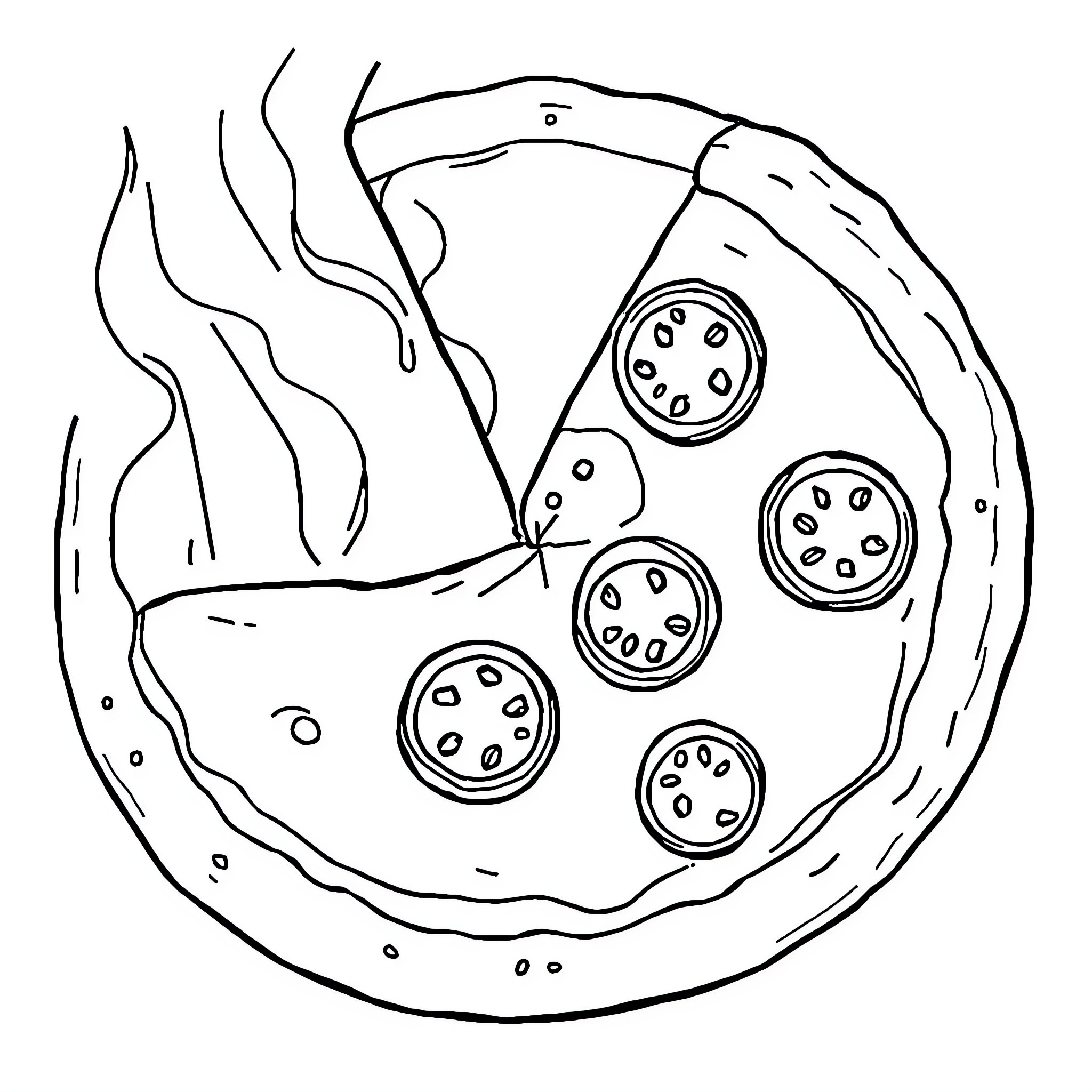 Pizza with various toppings Coloring Page (free black-and-white line drawing printable PDF for all, from beginners to advanced learners, including children, teens, adults, and seniors)