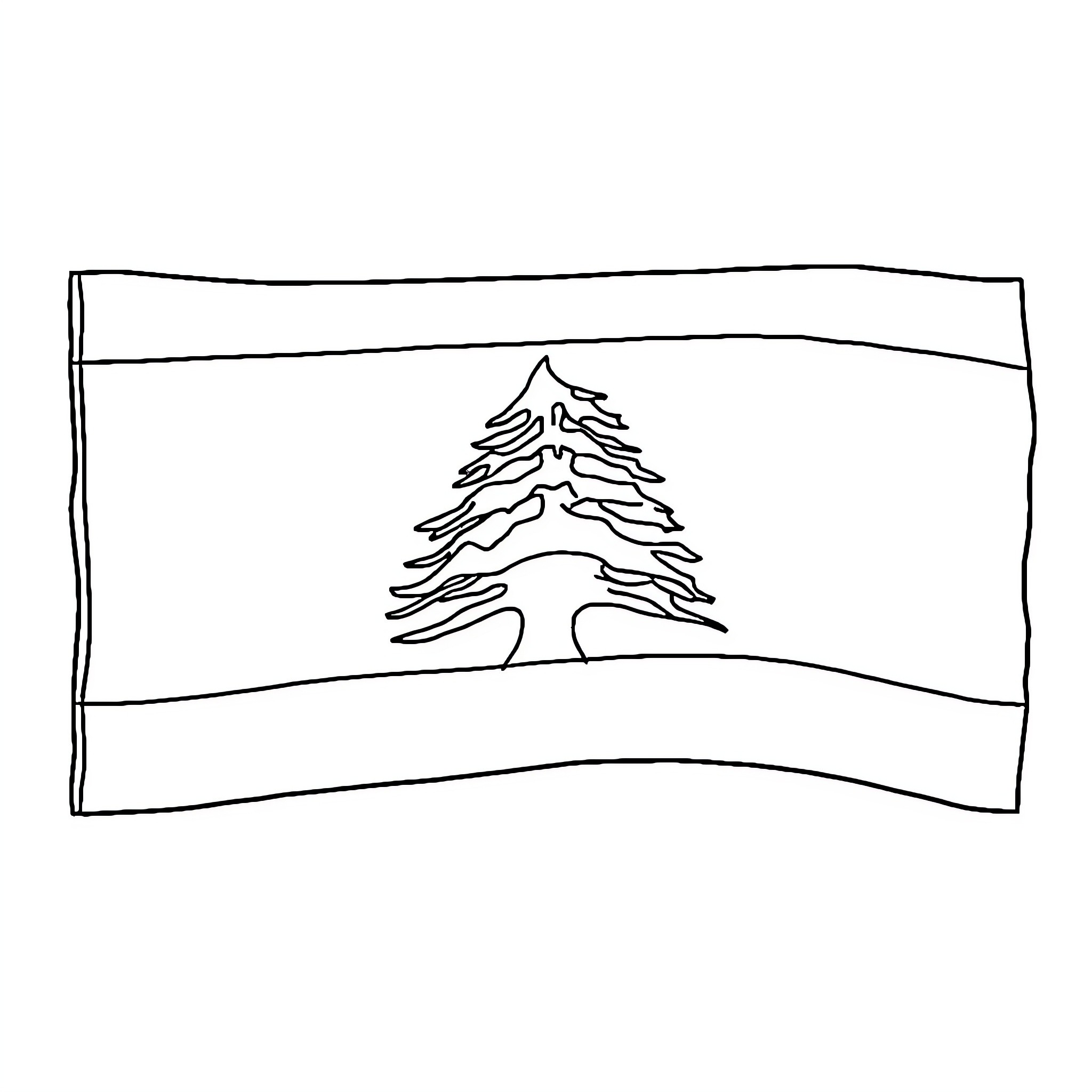 Lebanese Flag with Stylized Pine Tree Coloring Page (free black-and-white line drawing printable PDF for all, from beginners to advanced learners, including children, teens, adults, and seniors)