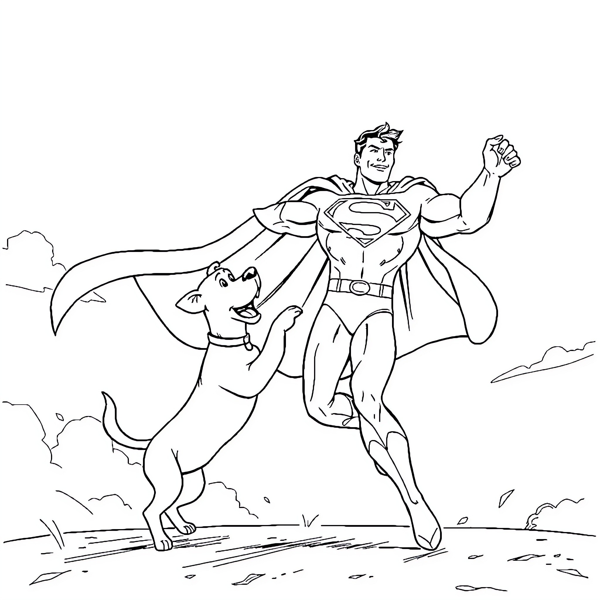 Superman protects a loyal companion in the city Coloring Page (free black-and-white line drawing printable PDF for all, from beginners to advanced learners, including children, teens, adults, and seniors)