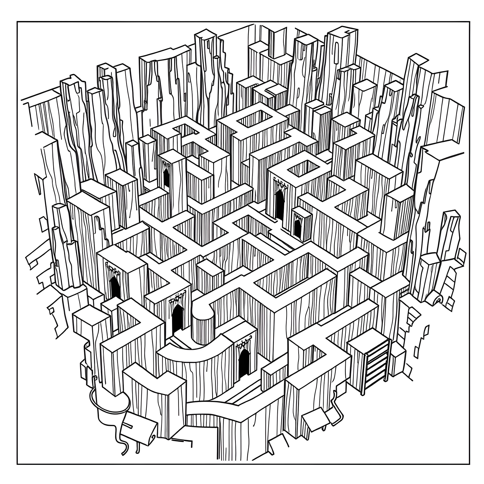 Maze of Intricate Architectural Structures Coloring Page (free black-and-white line drawing printable PDF for all, from beginners to advanced learners, including children, teens, adults, and seniors)