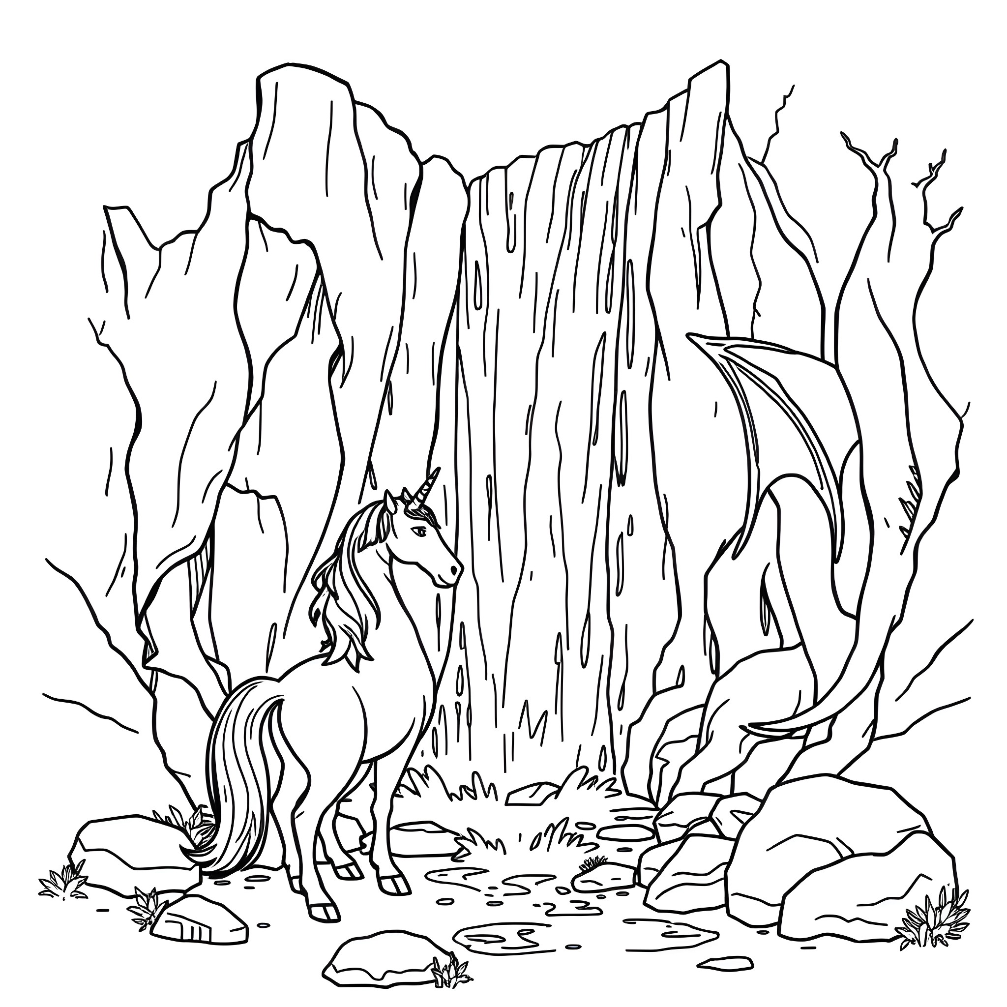 Unicorn standing majestically in a magical forest Coloring Page (free black-and-white line drawing printable PDF for all, from beginners to advanced learners, including children, teens, adults, and seniors)