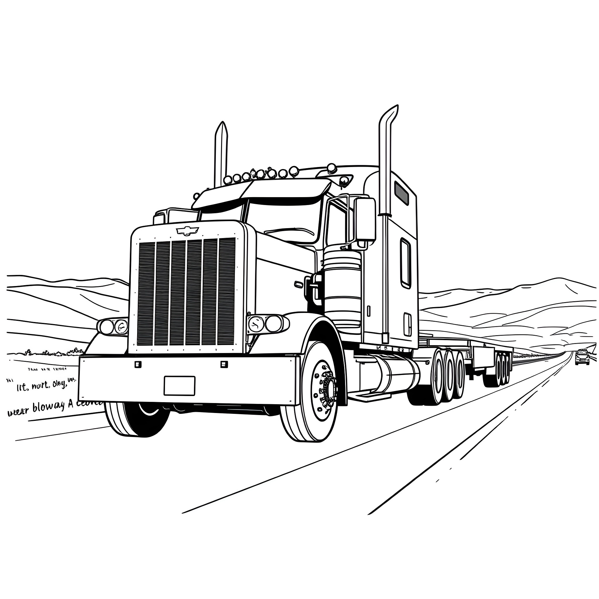 Peterbilt semi-truck on the open road Coloring Page (free black-and-white line drawing printable PDF for all, from beginners to advanced learners, including children, teens, adults, and seniors)