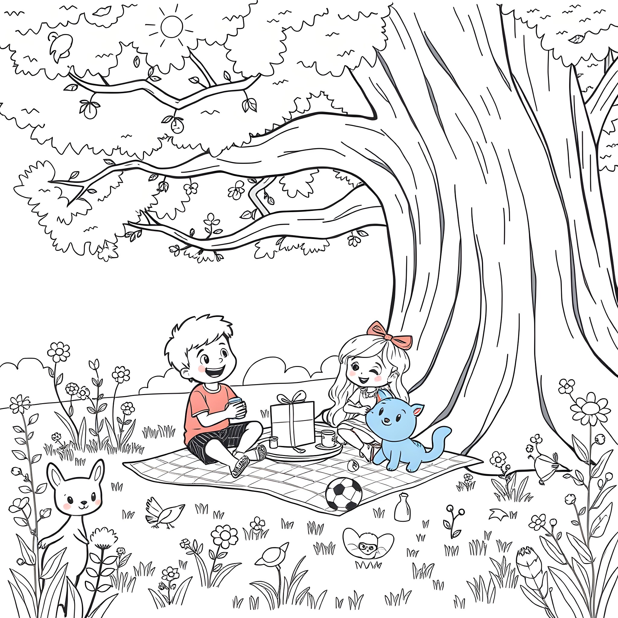 Ben and Holly Enjoying a Picnic in the Park Coloring Page (free black-and-white line drawing printable PDF for all, from beginners to advanced learners, including children, teens, adults, and seniors)