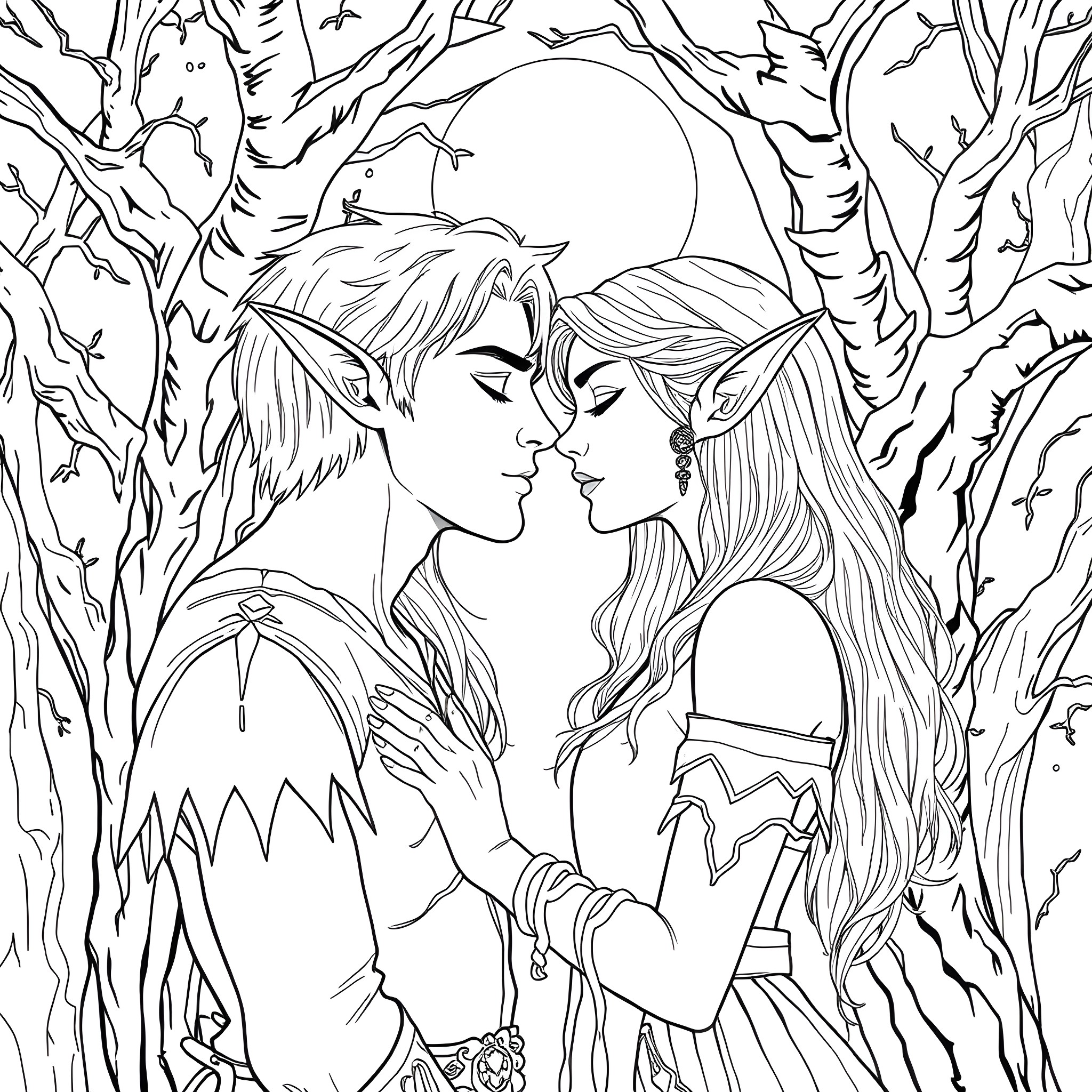 Elf couple sharing a tender moment in the enchanted forest Coloring Page (free black-and-white line drawing printable PDF for all, from beginners to advanced learners, including children, teens, adults, and seniors)