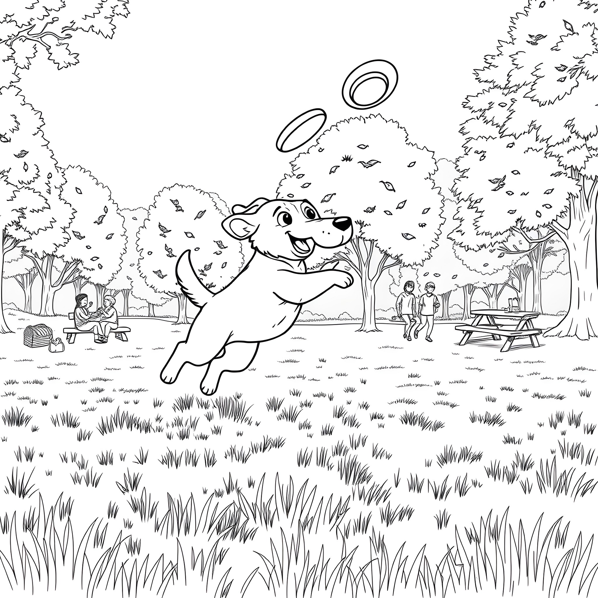 Puppy playing joyfully in the park Coloring Page (free black-and-white line drawing printable PDF for all, from beginners to advanced learners, including children, teens, adults, and seniors)