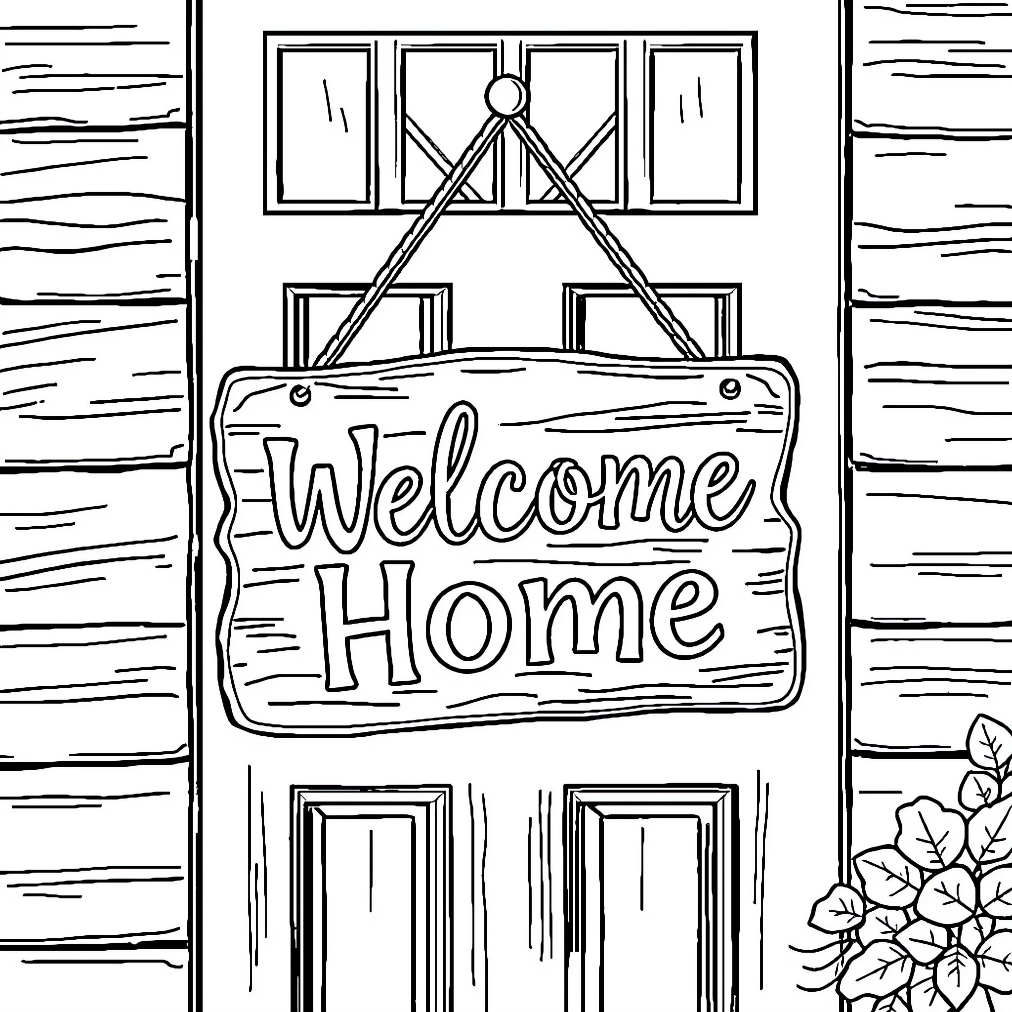 Home Entrance with Welcome Sign Coloring Page (free black-and-white line drawing printable PDF for all, from beginners to advanced learners, including children, teens, adults, and seniors)