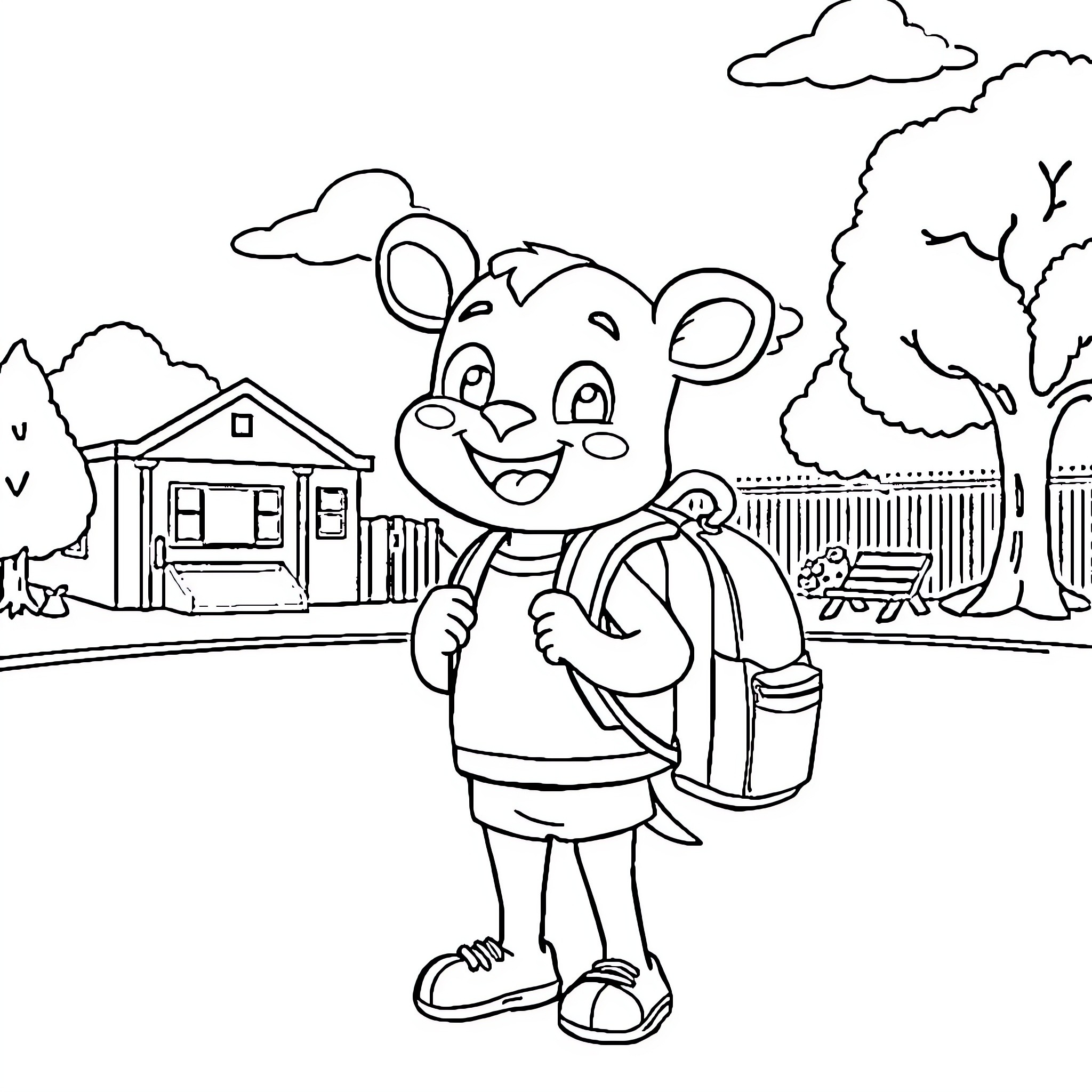 Labubu the friendly animal exploring the neighborhood Coloring Page (free black-and-white line drawing printable PDF for all, from beginners to advanced learners, including children, teens, adults, and seniors)