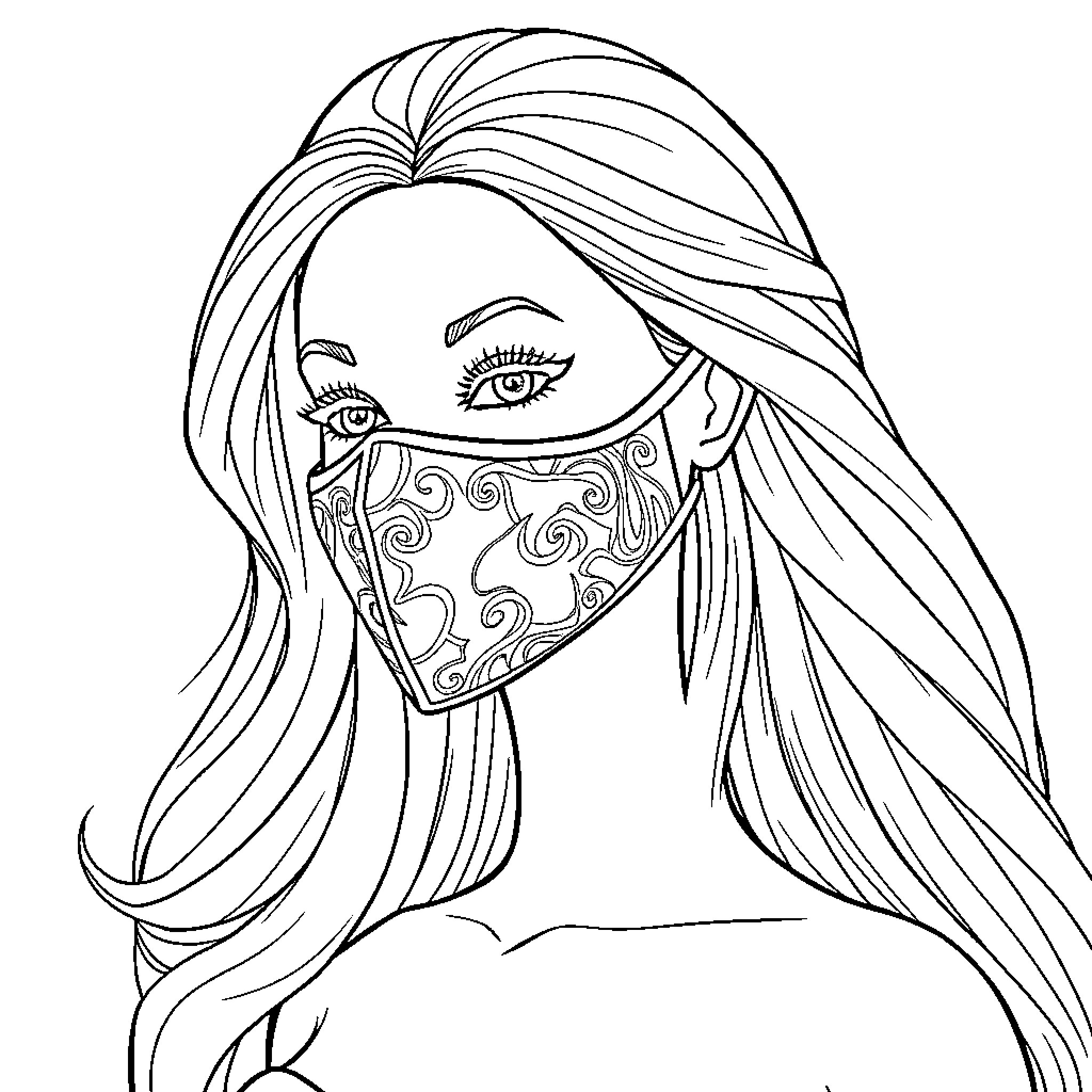 Barbie wearing a patterned mask and having long hair Coloring Page (free black-and-white line drawing printable PDF for all, from beginners to advanced learners, including children, teens, adults, and seniors)