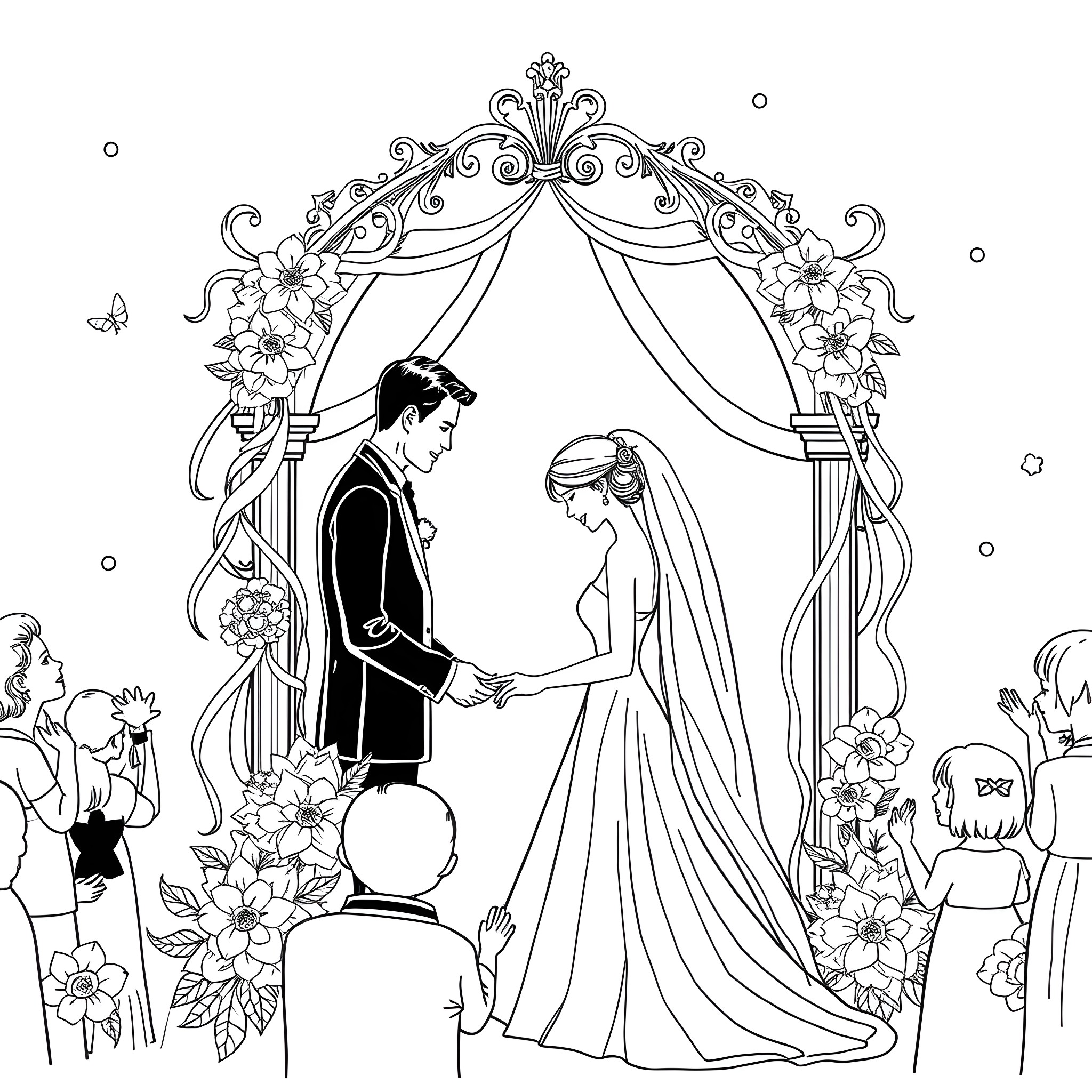 Wedding Ceremony with Bride and Groom at Flower-Decorated Arch Coloring Page (free black-and-white line drawing printable PDF for all, from beginners to advanced learners, including children, teens, adults, and seniors)
