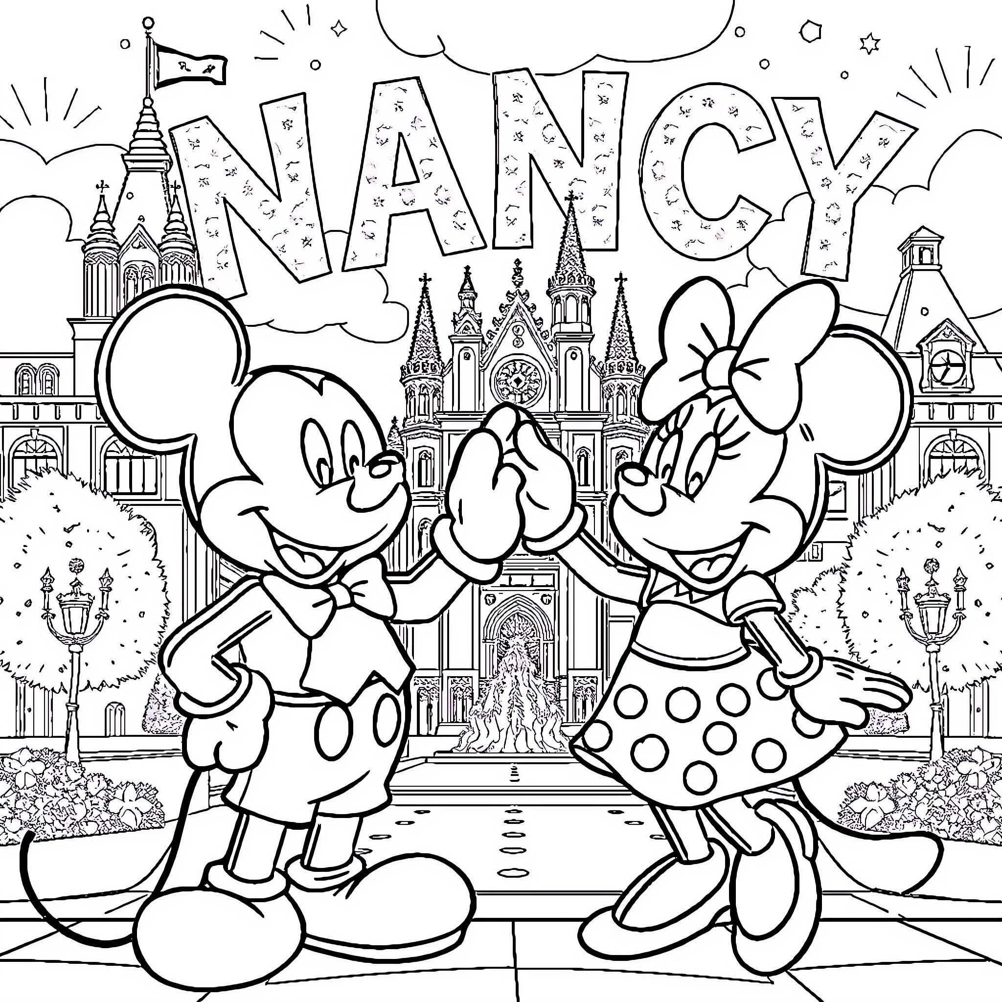 Mickey and friends exploring the magical Disney world Coloring Page (free black-and-white line drawing printable PDF for all, from beginners to advanced learners, including children, teens, adults, and seniors)