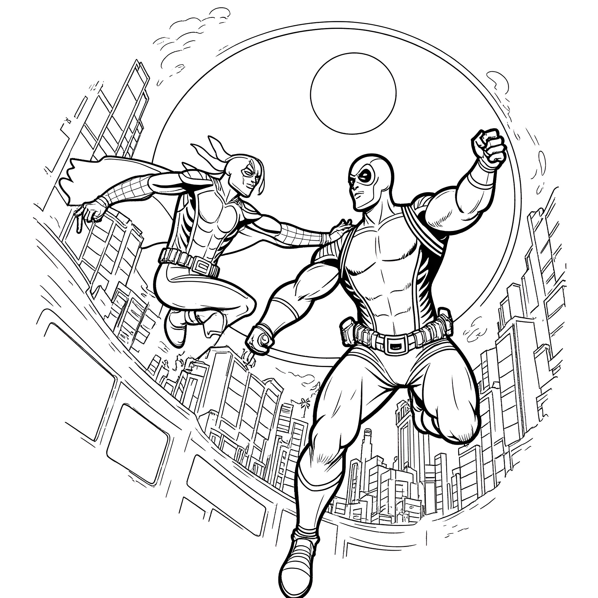 Moon Knight and Superhero Fight in the City Coloring Page (free black-and-white line drawing printable PDF for all, from beginners to advanced learners, including children, teens, adults, and seniors)