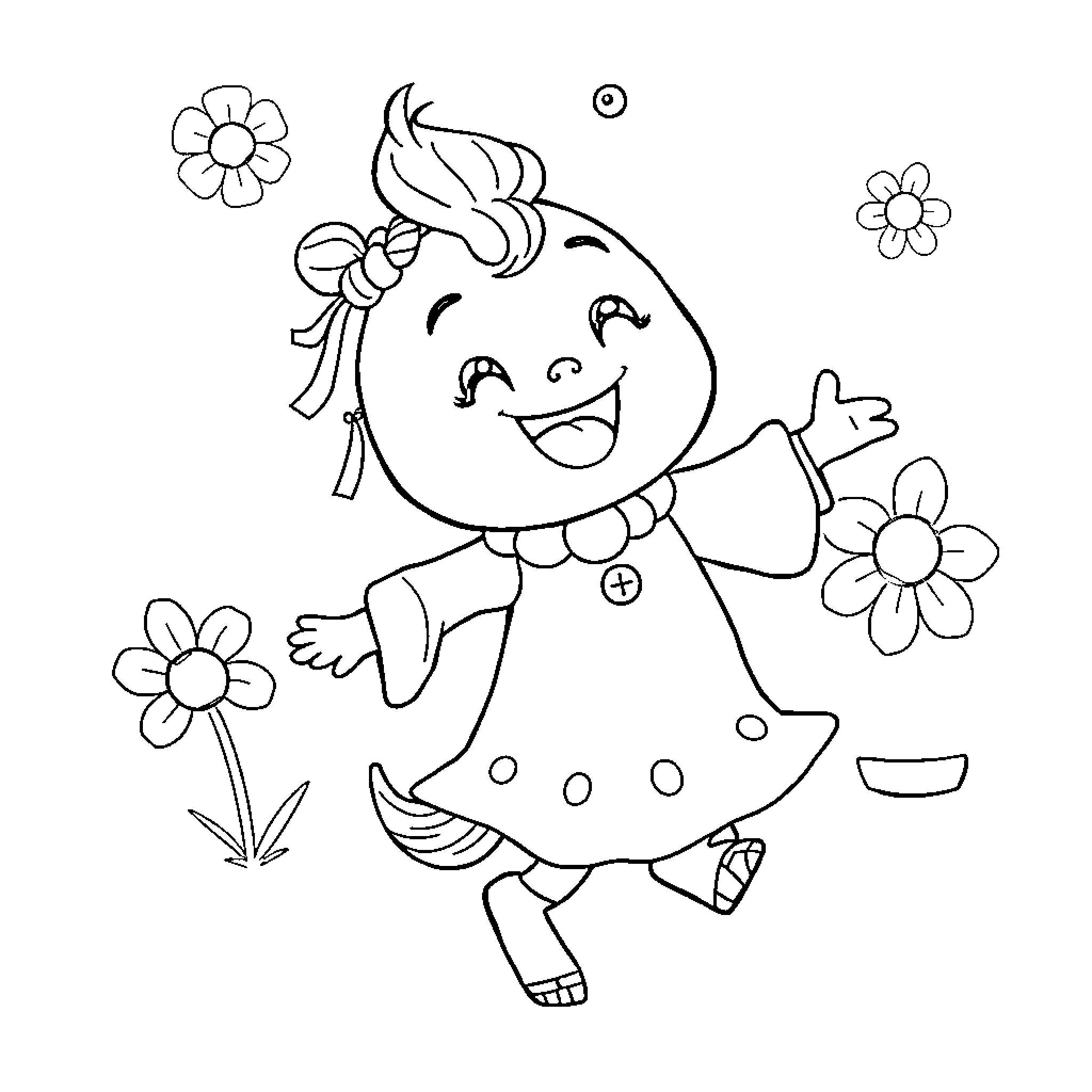 Labubu happily dancing with flowers Coloring Page (free black-and-white line drawing printable PDF for all, from beginners to advanced learners, including children, teens, adults, and seniors)